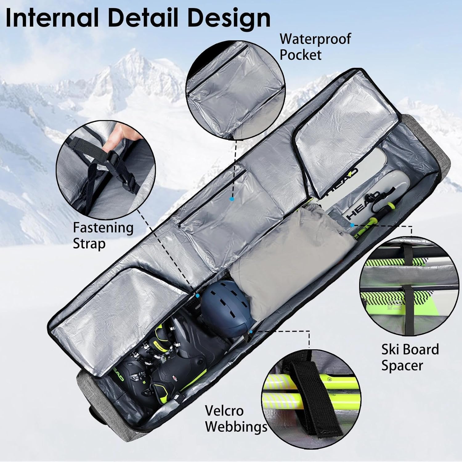 Ski Bags for Air Travel - Ski Bag with Wheels Fit Single Snowboard or Double Skis up to 175 or 190 cm All-Round Padded Protection for Boots, Helmet, Ski Gear Grey 190