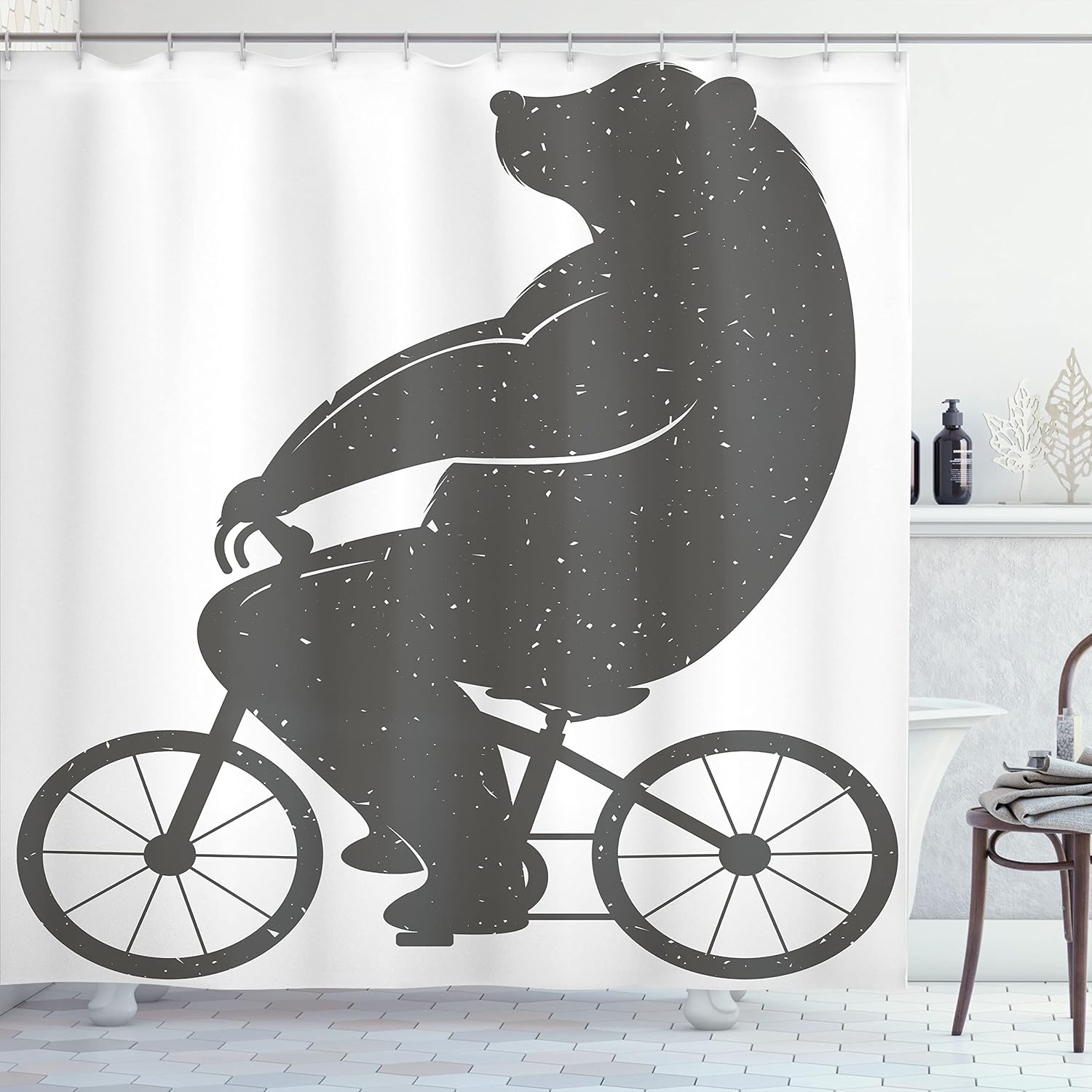 Ambesonne Vintage Shower Curtain, Bear on a Bike Humor Parody Modern Funny Cycling Hipster Art Print, Cloth Fabric Bathroom Decor Set with Hooks, 69" W x 70" L, Grey