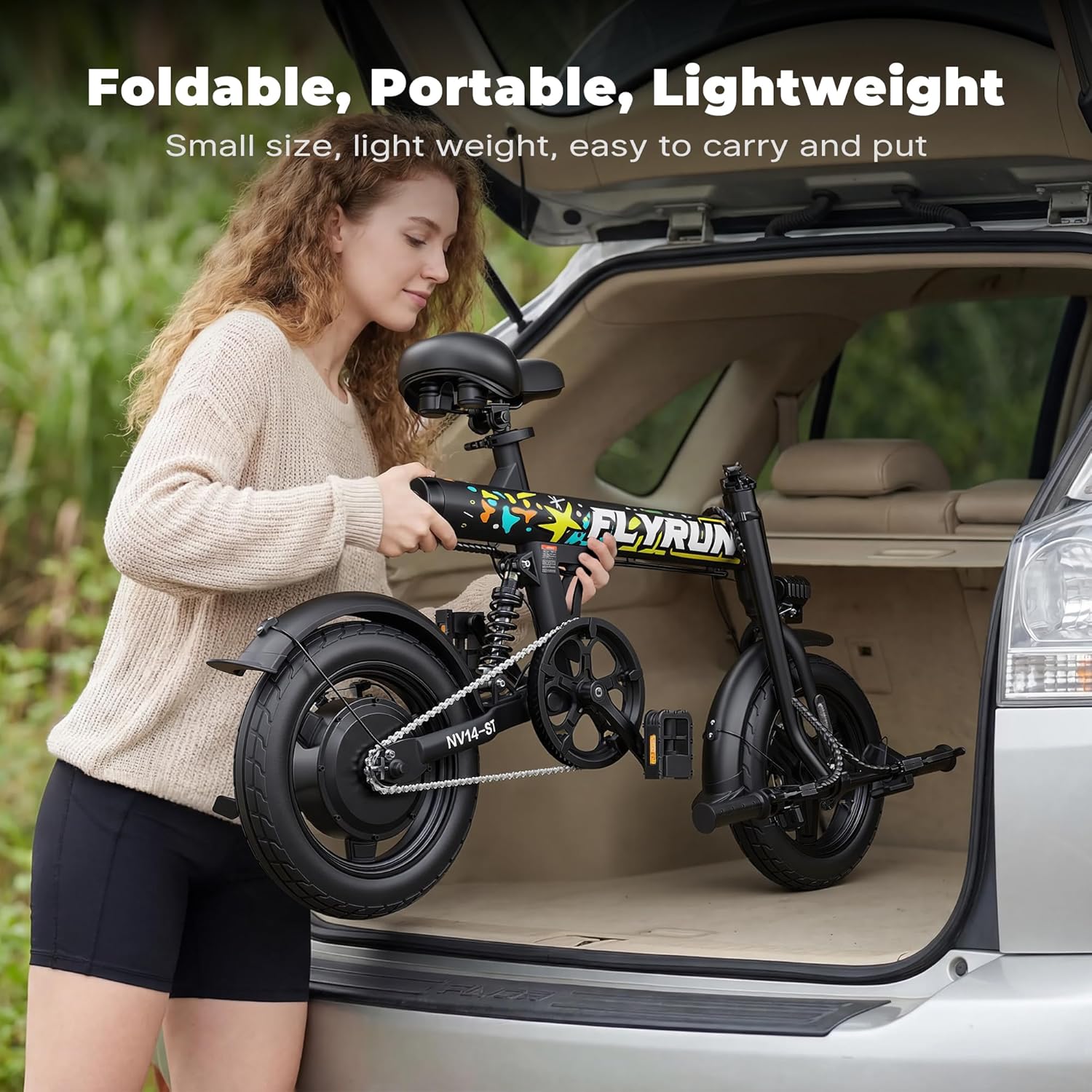 Electric Bike- Peak 500W, 20MPH, Up to 25+Miles, Waterproof Battery, Dual Disc Brakes,Rear Suspension, Stylish 14" Commuter E-Bike for City & Road Sand Mountain
