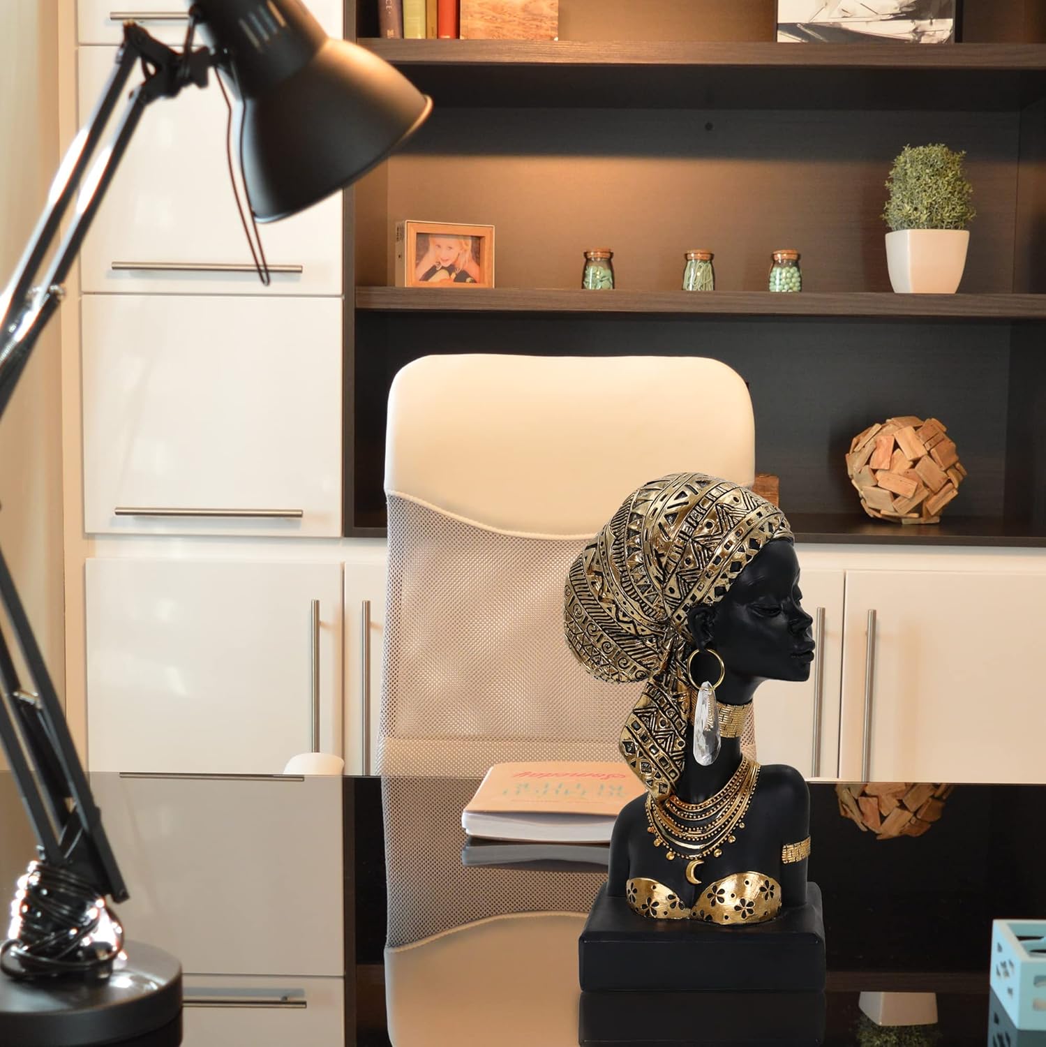 African Lady Bust Sculpture with Golden Headwrap – Resin Figurine with Earrings and Necklace, Modern African Woman Statue for Home Decor and Cultural Gift - Image 4