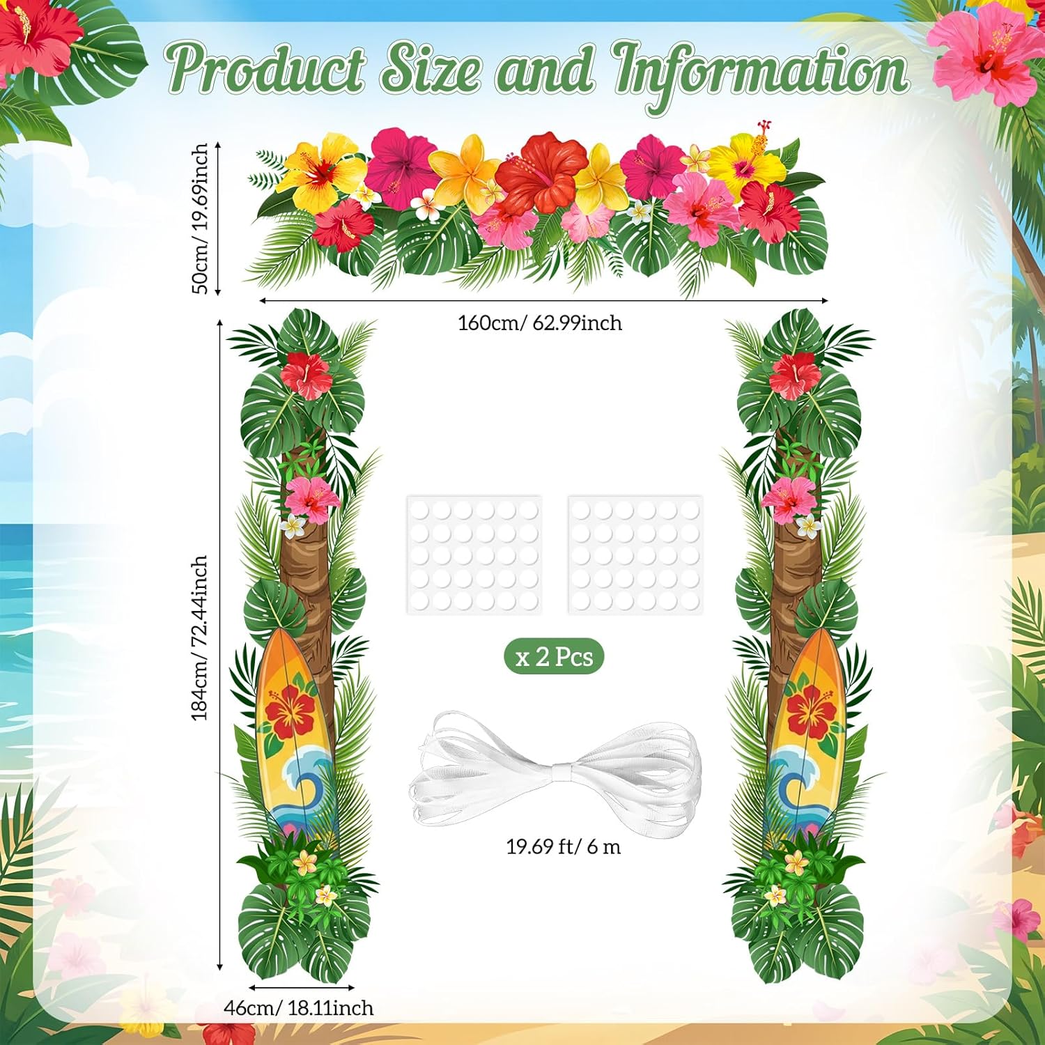 Peryiter 3 Pcs Hawaiian Door Decorations Tropical Palm Leaf Flowers Porch Banners Surfboard Lobby Door Banner for Outdoor Summer Tiki Bar Decor Luau Birthday Party Supplies