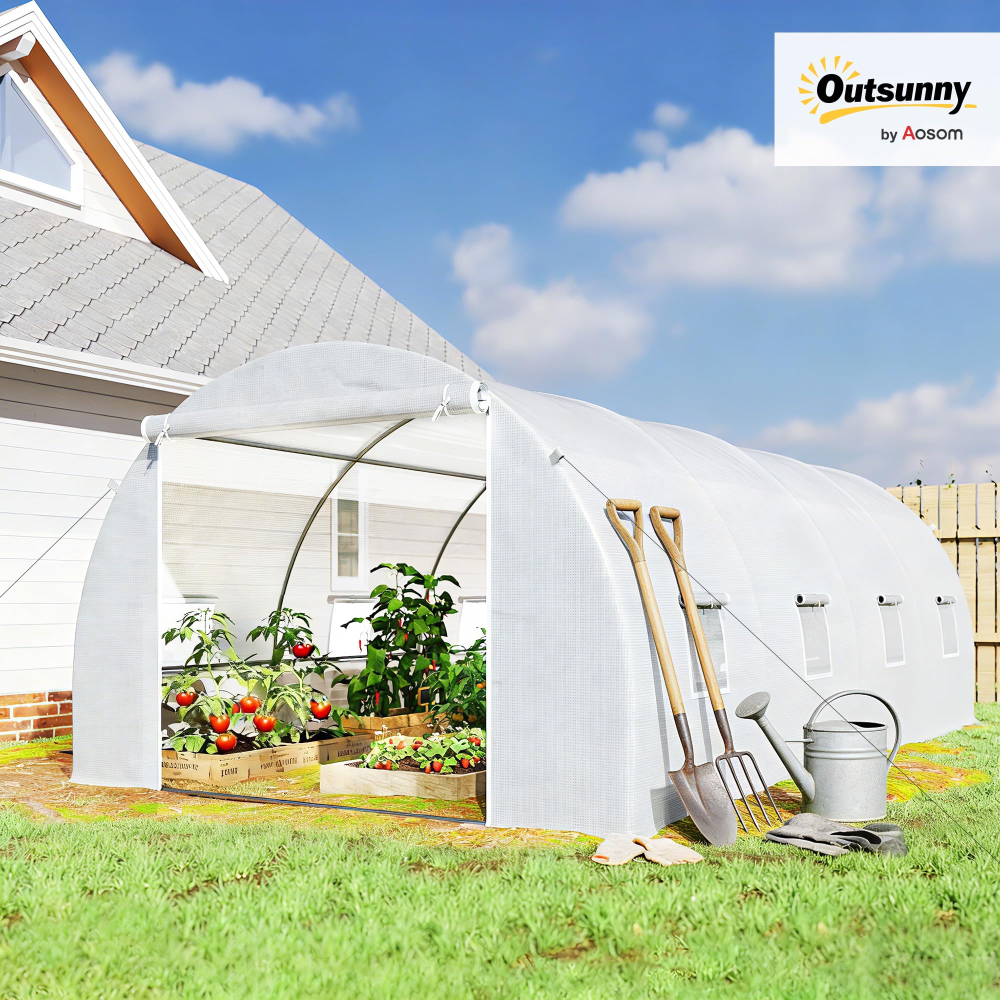 Outsunny Invernadero de Túnel 6x3x2 m Invernadero de Terraza con 8 Ventanas Puerta con Cremallera Cubierta de Polietileno 140 g/m² y Estructura de Acero para Cultivo Plantas Verduras en Jardín Blanco