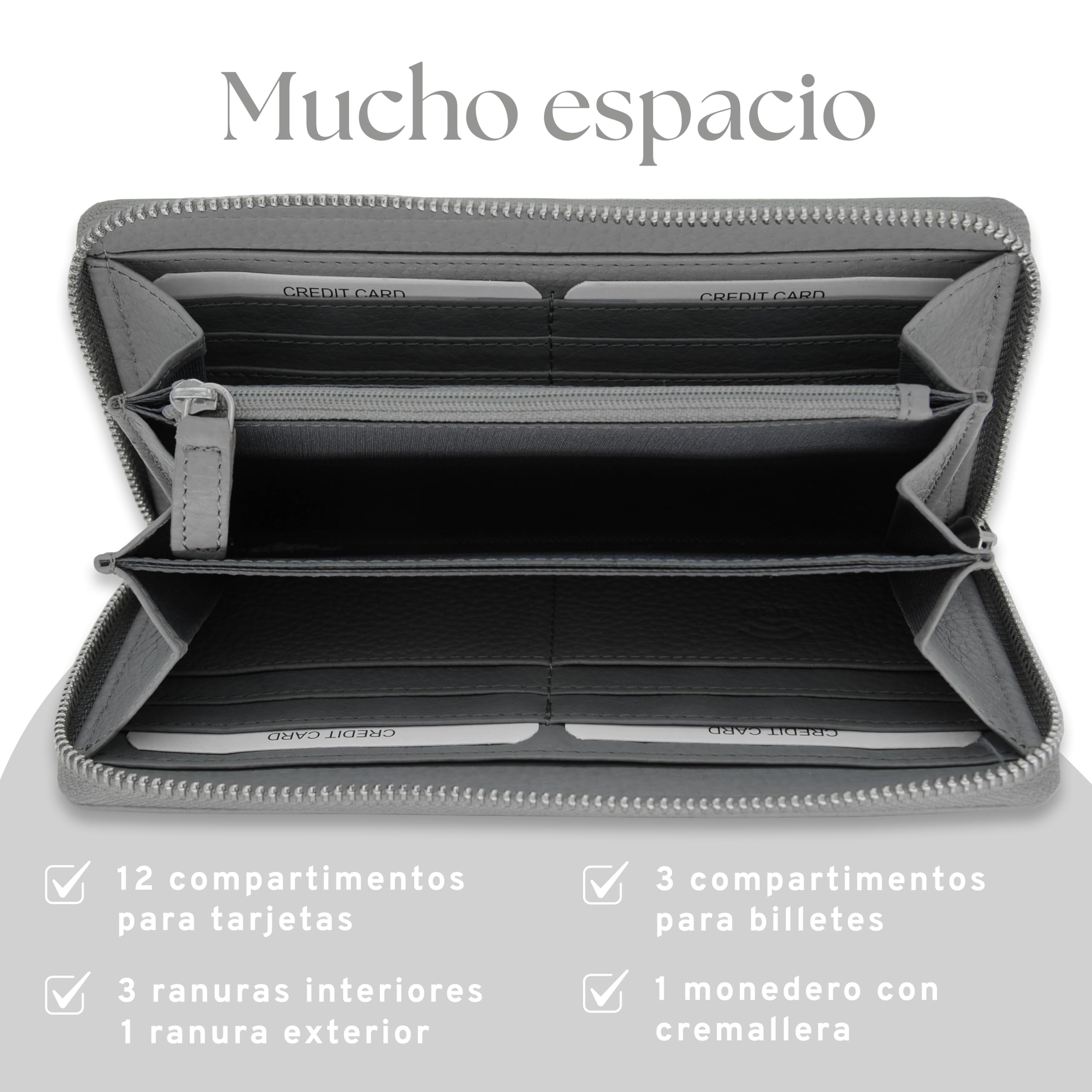 Baur - Cartera de piel auténtica para mujer | Cartera con protección RFID | Cartera grande con muchos compartimentos para tarjetas | Cremallera completa | Monedero para mujer, gris, 19,7x10x2,5 cm