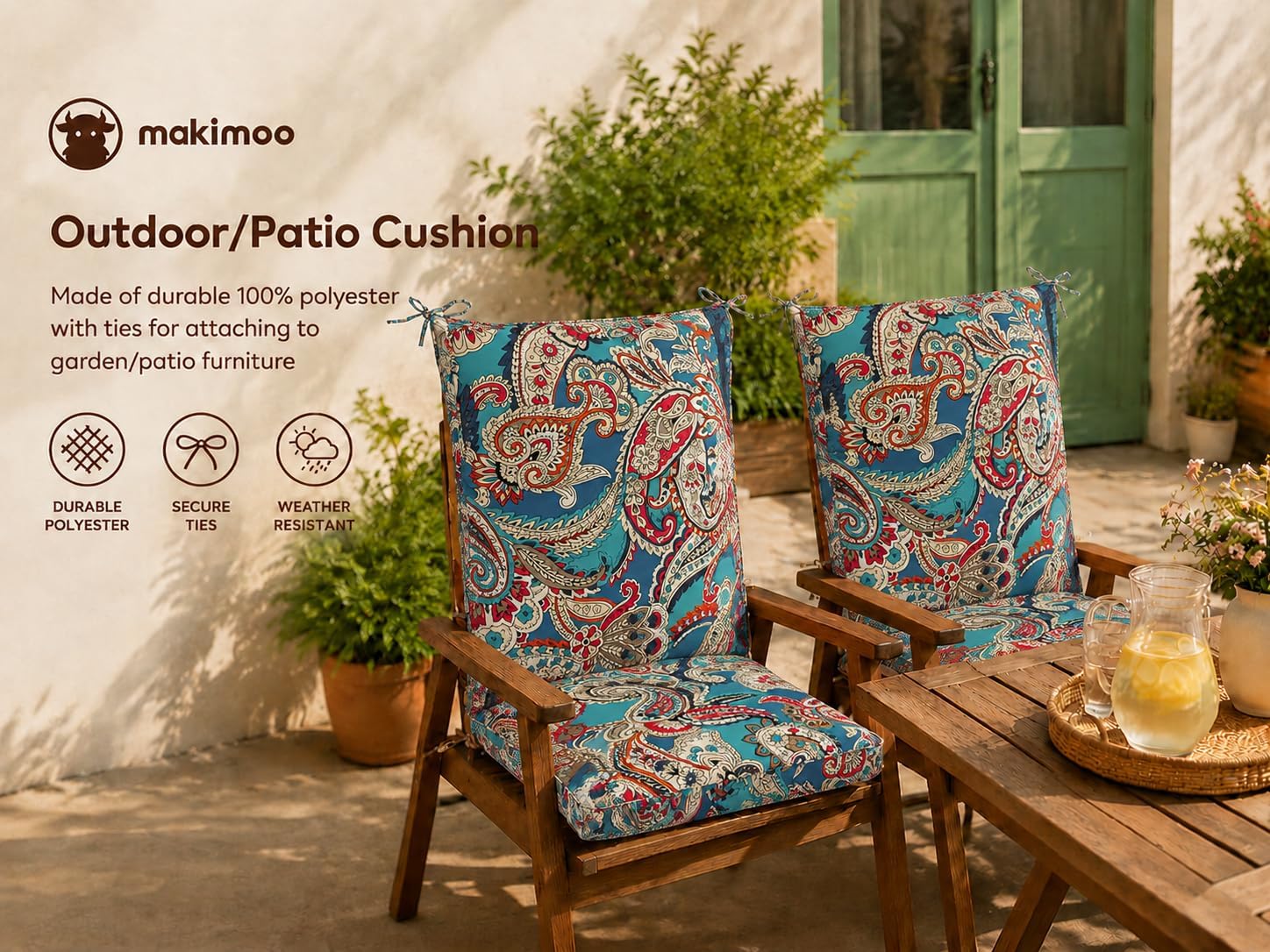 Set of 2 Outdoor Dining Chair Cushions, Comfort Patio Seating Cushions, 44 x21x4.5 inch, Single Welt and Zipper (Blue Trumpet Flowers) image 4