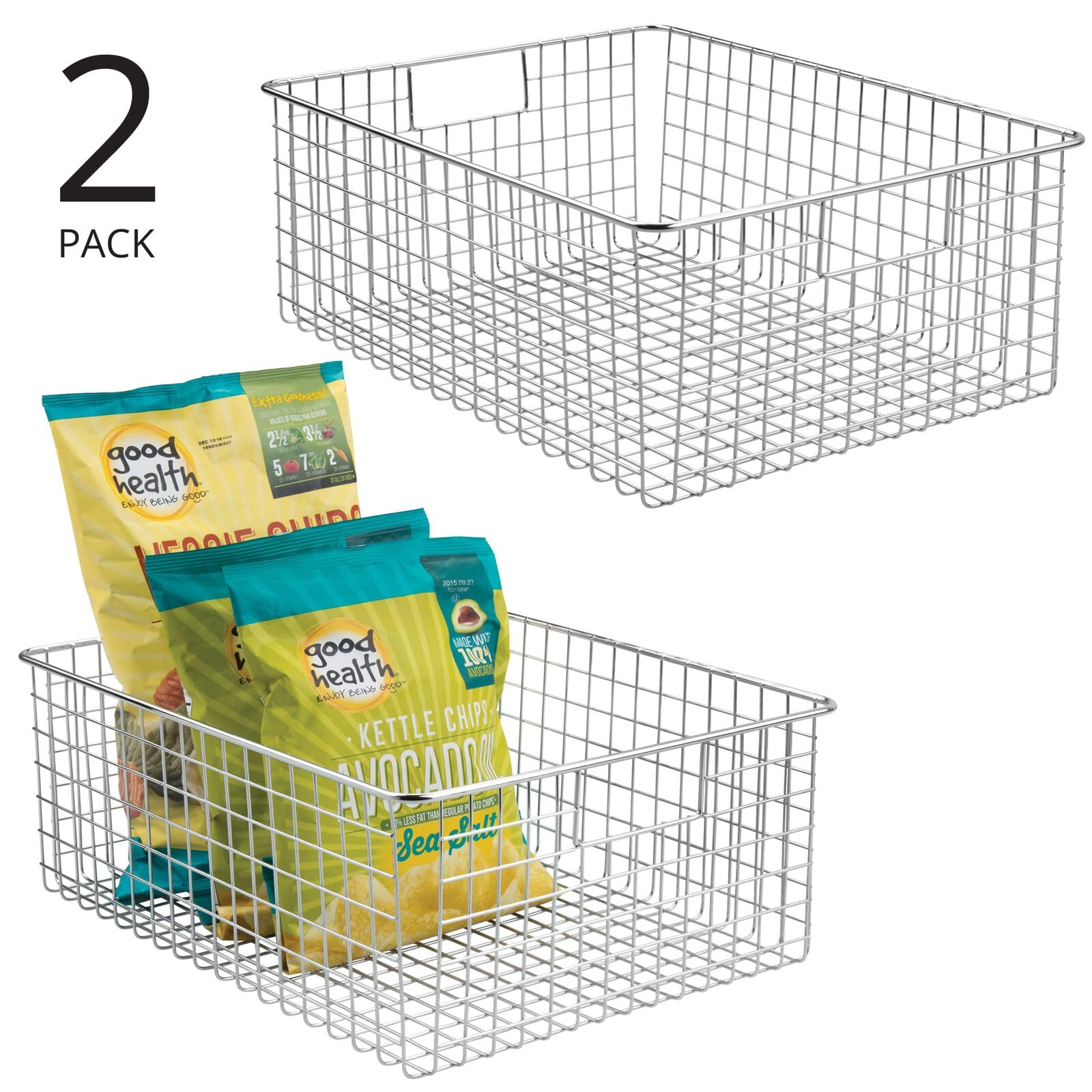 mDesign caja de metal versátil (juego de 2) - cesta de almacenamiento de alambre grande para cocina, despensa, etc. - cesta de metal compacta multiusos con asas - cromo