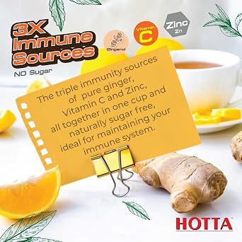 HOTTA Instant Ginger Drink With Zinc & Vitamin C Hot or Cold No Sugar Caffeine Free Tea Soothes Throat Easy Brewing Low Calories Real Asian Ginger, 10 Sachets