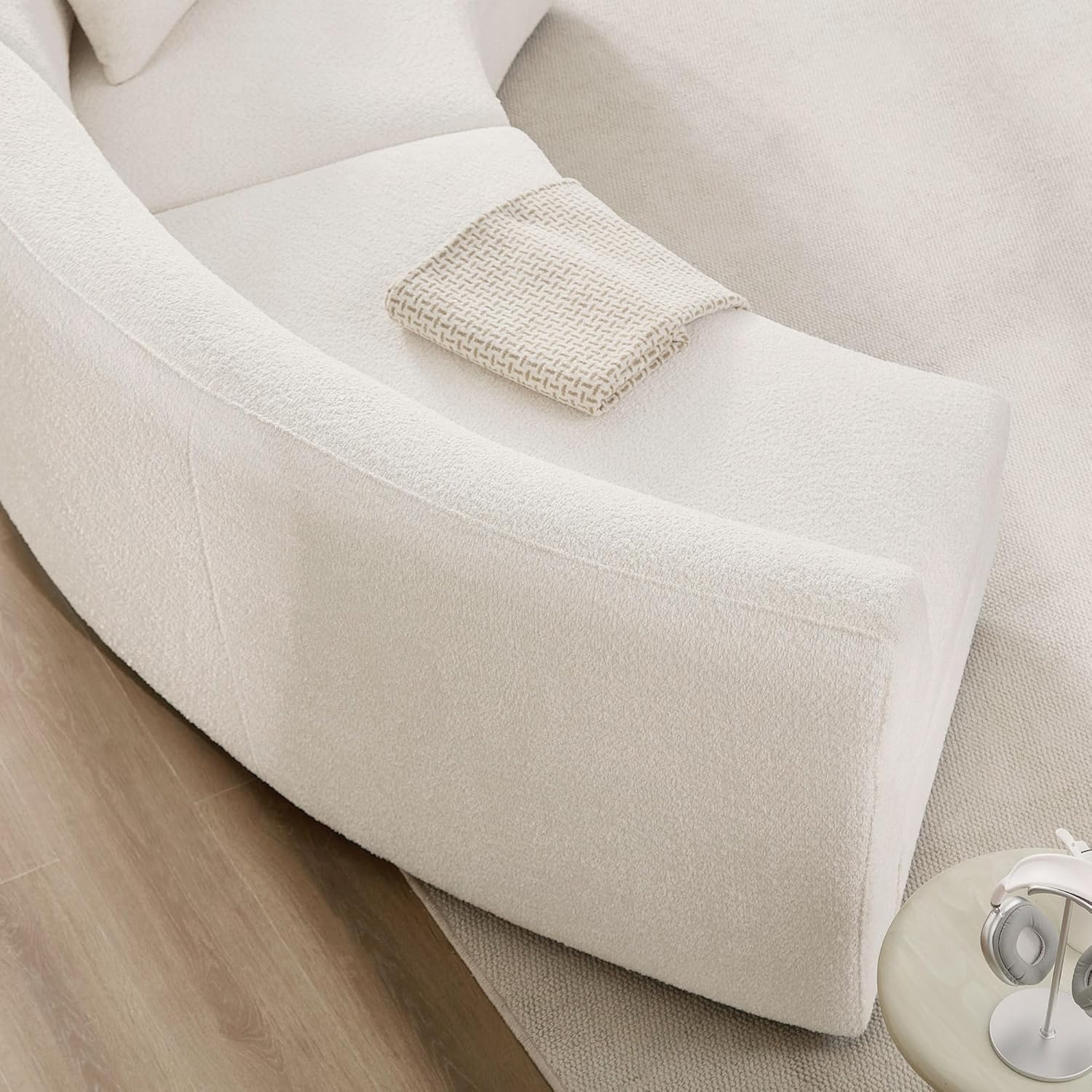 Modern Curved Sectional Sofa, White Boucle Fabric Upholstered Couch with Throw Pillows, Contemporary Living Room Furniture Large loveseat | armless design, 2-piece