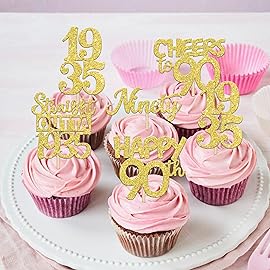30PCS Happy 90th Birthday Cupcake Toppers Gold Glitter Nighty Straight Outta 1935 Cupcake Picks 90 Fabulous Cake Decorations for 90th Birthday Anniversary Party Decoration Supplies