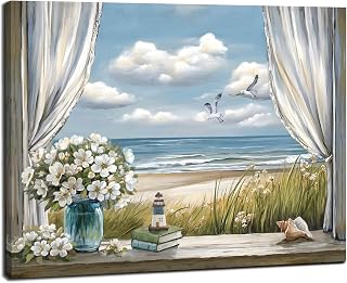 Bathroom beach picture wall art, blue ocean painting decorate bedroom, relax sea view artwork