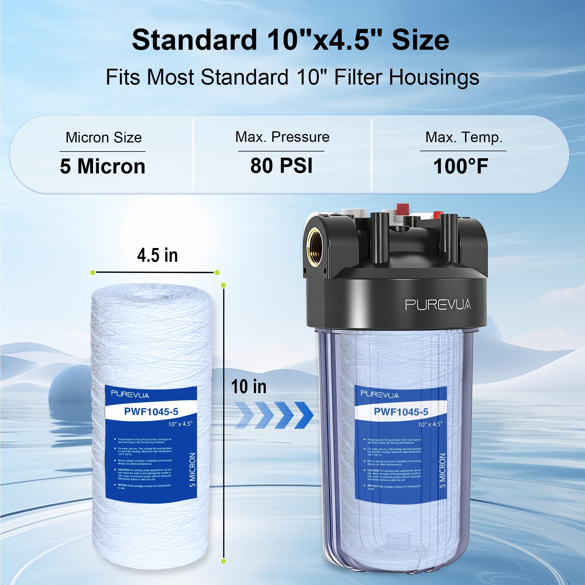 Filtro de sedimentos de cuerda de 5 micrones de 10 x 4.5 pulgadas, cartucho de filtro de agua para toda la casa para agua de pozo, compatible con WP5BB97P, RS22, SWC-45-1005, se adapta a