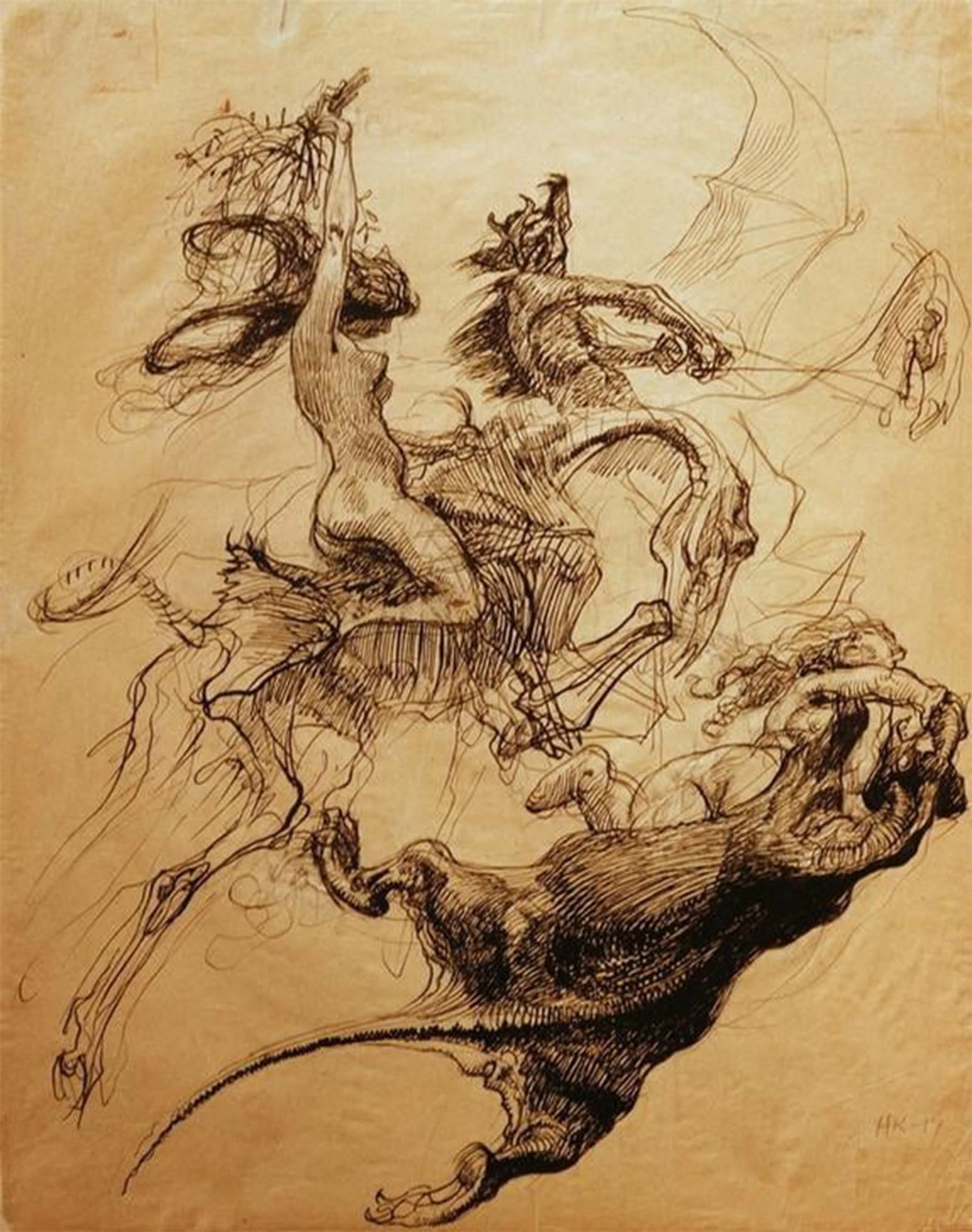 Artxlxxbn No Frame Famous Art Print Poster Vintage Wall Art Woman Riding On Skeleton And Devil On Pterodactyl By Heinrich Kley Canvas Art Poster For Home Decor 60X90cm