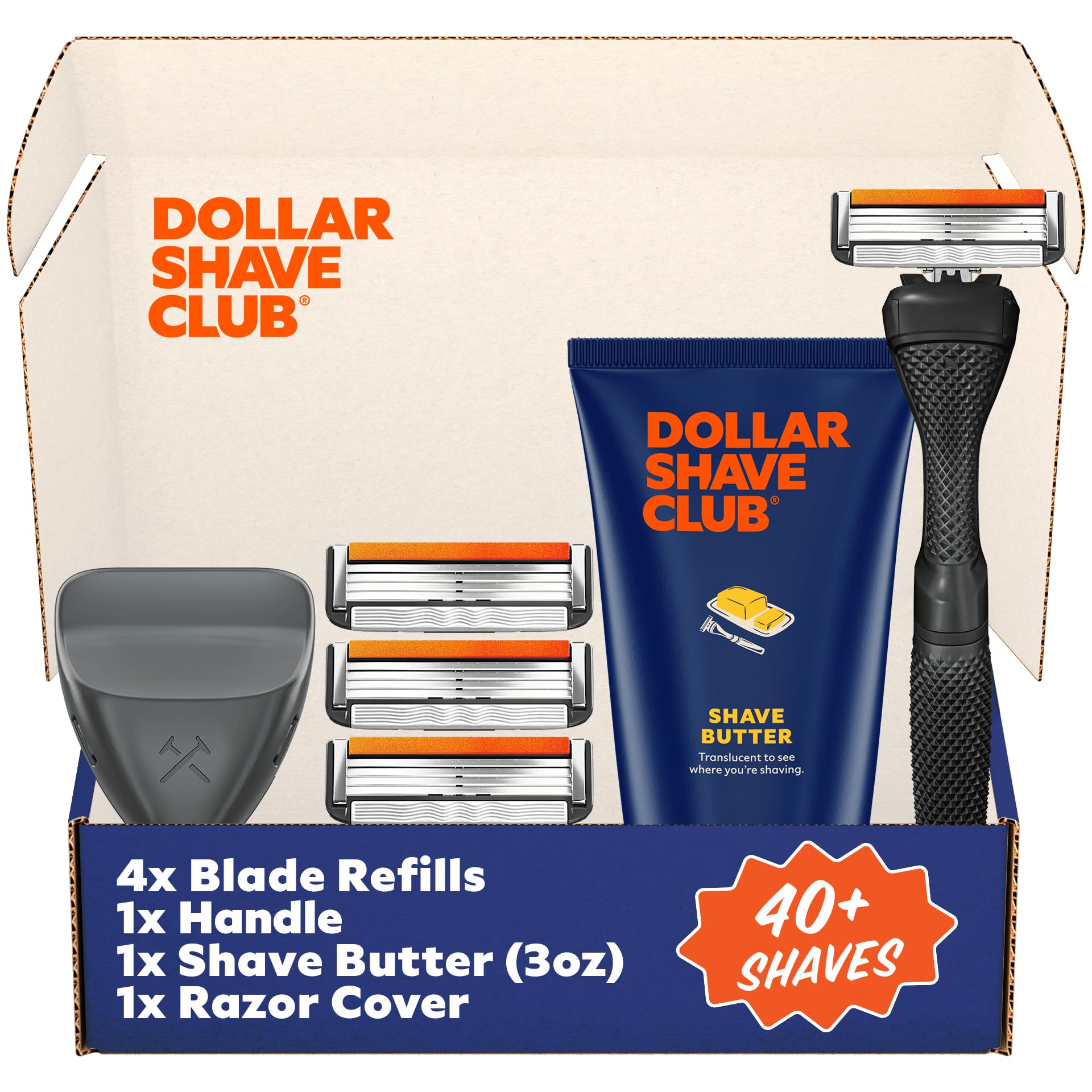 Dollar Shave Club The Member Exclusive Shave Set | 4 cartuchos de recambio de enjuague Swift, 1 mango (negro), 1 mantequilla de afeitar de 3 onzas, 1 funda para maquinilla de afeitar