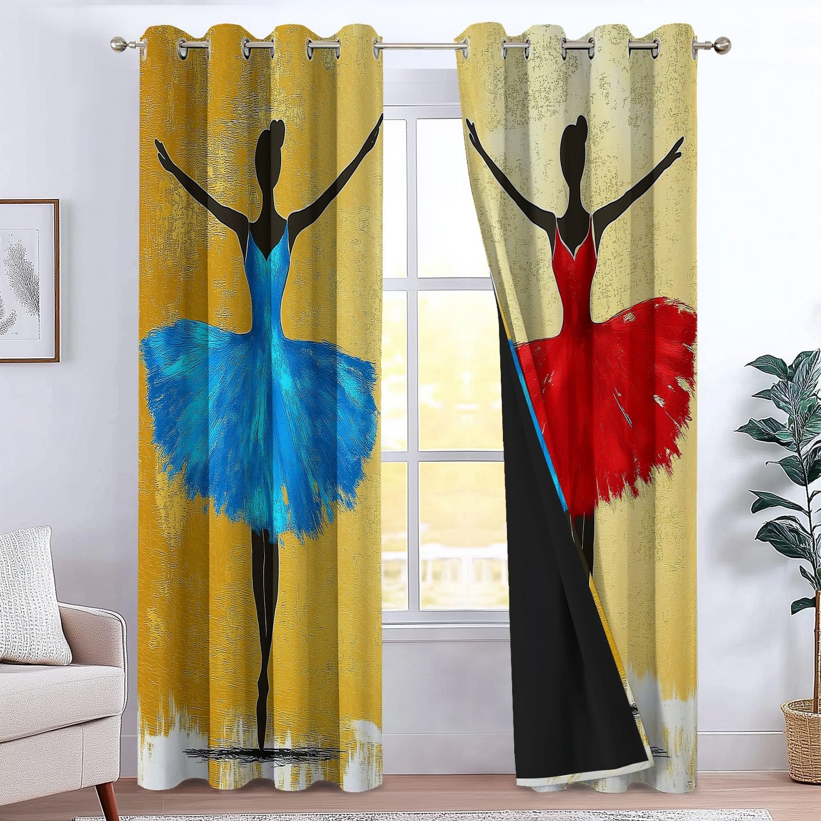 Bemalte Balletttänzerin Verdunklungsvorhänge Kinderzimmer Junge Mädchen, Golden Polyester Blickdichte Vorhänge H 138 x B 117 cm 2er Set Gardinen mit Ösen Wohnzimmer Fensterdekoration