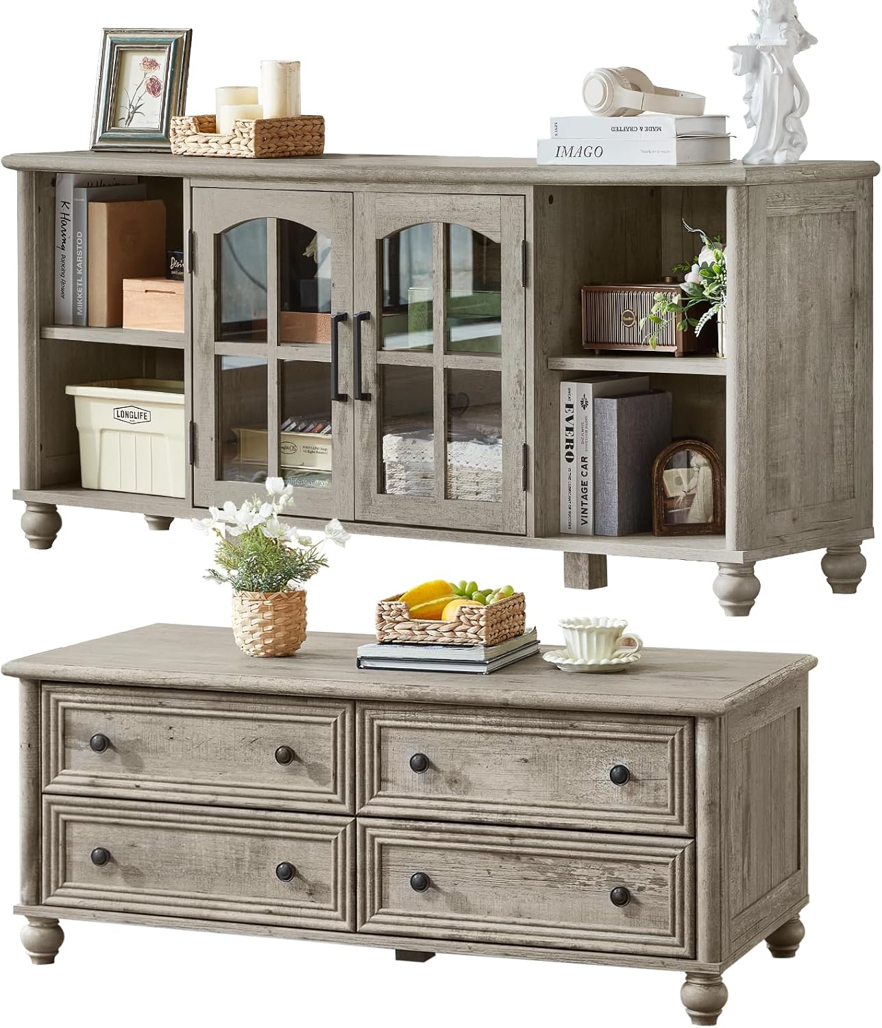 Farmhouse Coffee Table & TV Stand Set of 2,Entertainment Center for 60 Inch TV,Wooden Coffee Tables with 4 Drawers & Roman Column Handle,for Living Room,Office,Bedroom,Grey