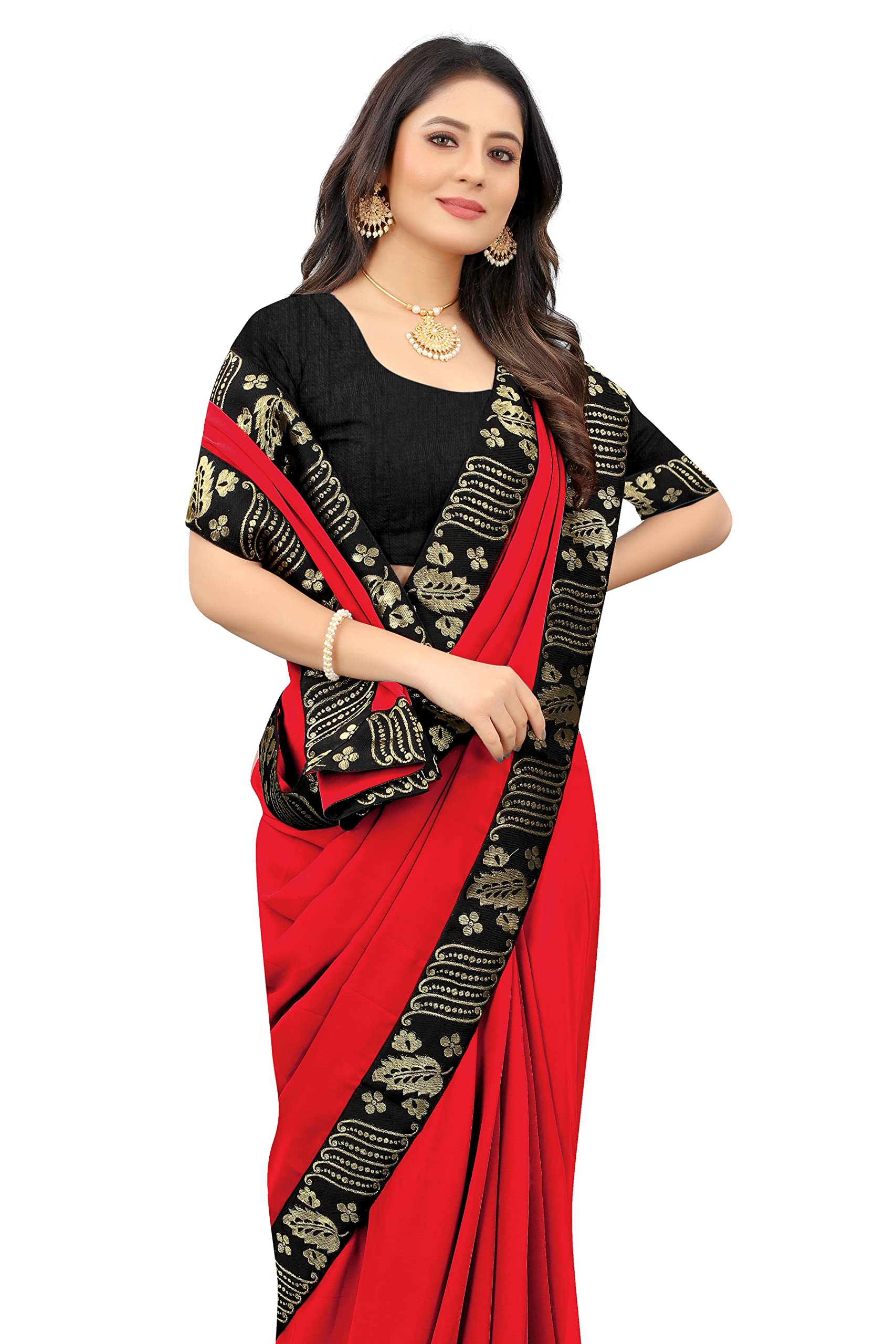 Sadika Women's Leaf Flower Design Maharani Lace Border Georgette Saree With Blouse Piece