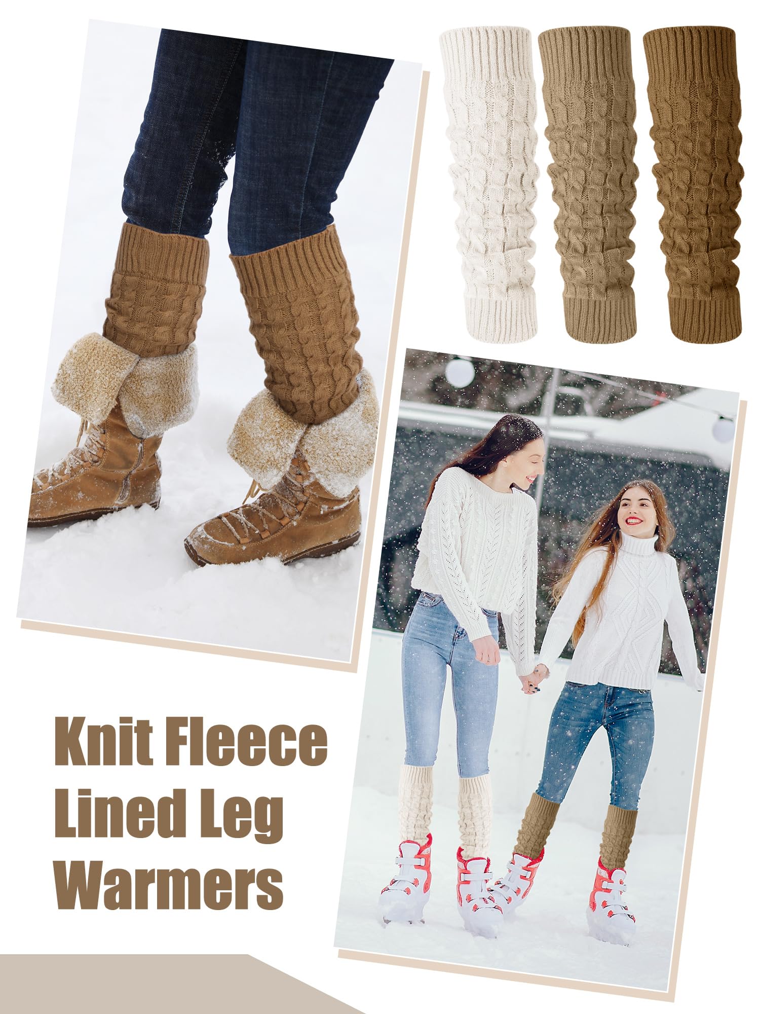 Chuarry 3 pares de calentadores de piernas con forro polar para mujer, calentadores de piernas para patinaje, calcetines largos para mujer, patinaje, uso diario