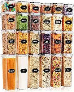 24 PCS Airtight Food Storage Containers with Lids, Kitchen Pantry Organization and Storage Containers, Plastic Canisters for Flour, Sugar, Cereal and Dry Food, BPA Free, 40 Labels & Marker