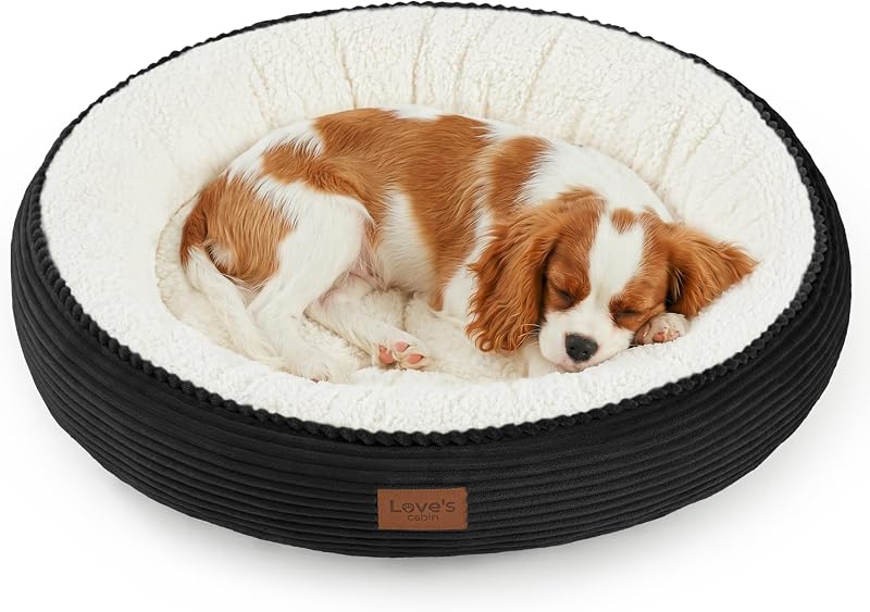 Cama Redonda para Cães e Gatos Love's cabin com Almofada Donut, Fundo Antiderrapante e Resistente à Água, Preta, 76,2 cm