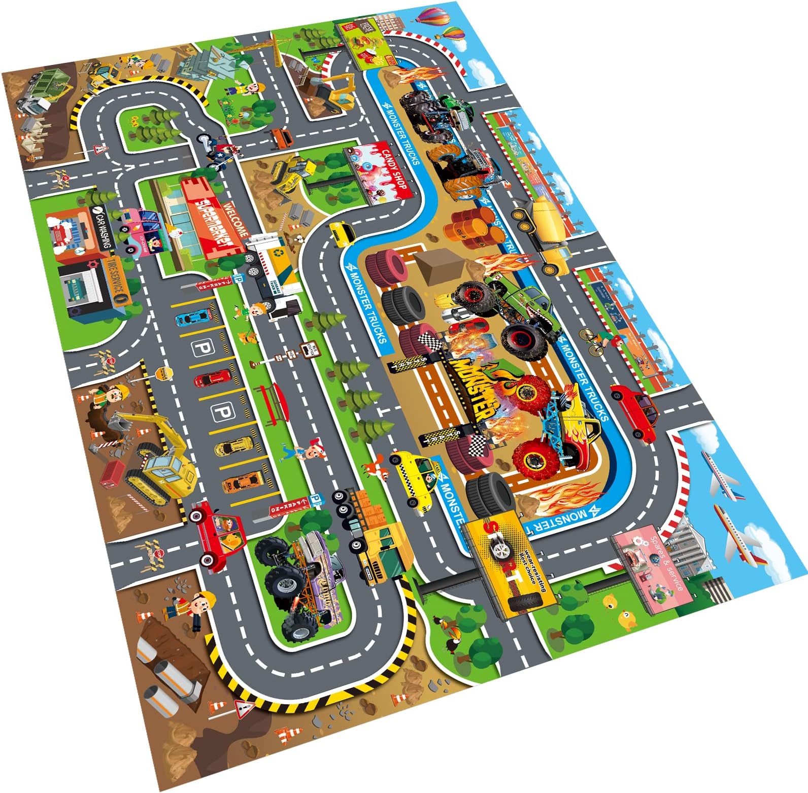 Oriate Kids Toy Dream Mat Monster Truck Activity Playmat, Multi Color Parent-child Interaction Game Rug, Ideal Children's Educational Floor Mats for Monster Cars Construction Truck Toys 552-M