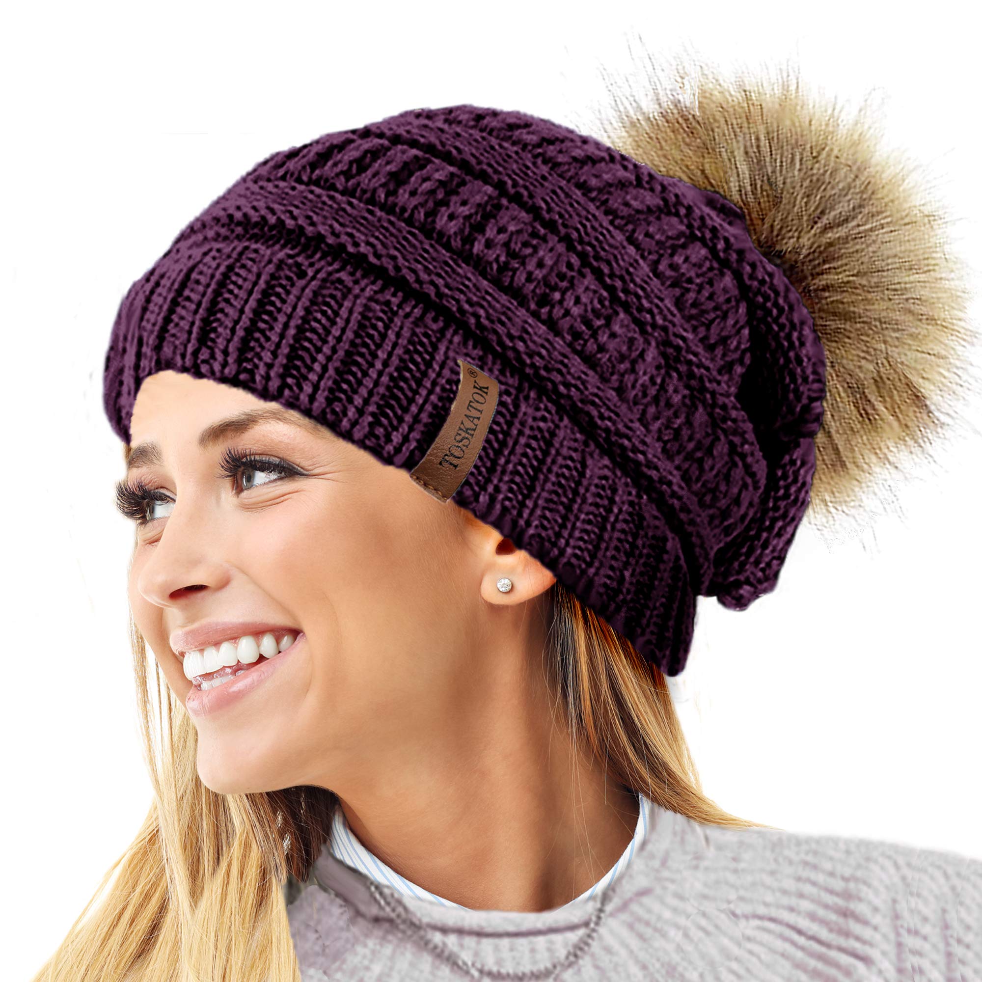 Toskatok Women's A-Purple 2 Pompoms Toskatok® Textured Knit Beanie Hat With Detachable Faux Fur Pom Pom - Buy With 1 2 Pom Poms…