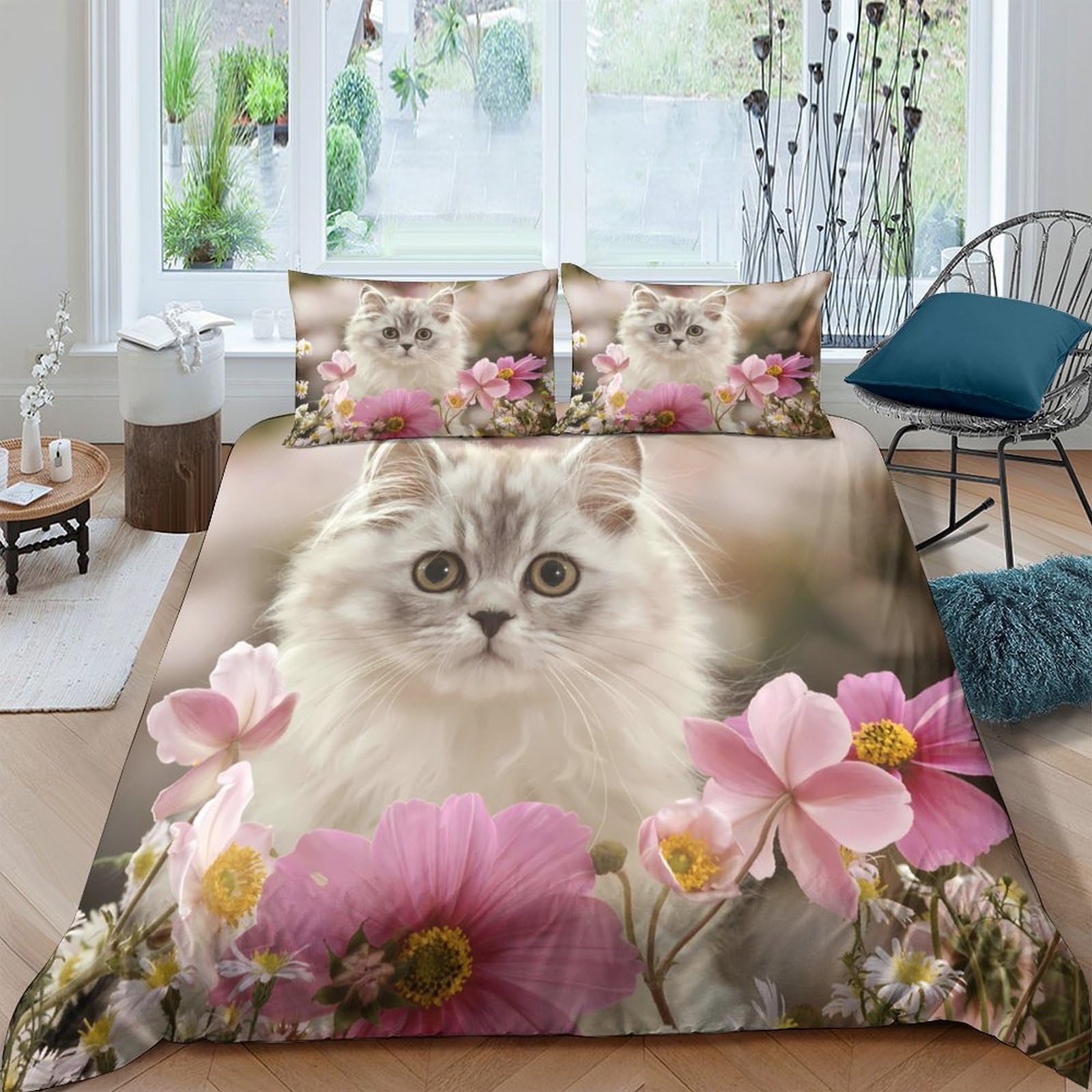 Ctjqhvkz Style-1 3D Printed Fluffy Cat Floral Fitted Sheet Microfiber Soft Pink Flower Bed Cover For Bedroom Dorm Decor Single（135X200cm）