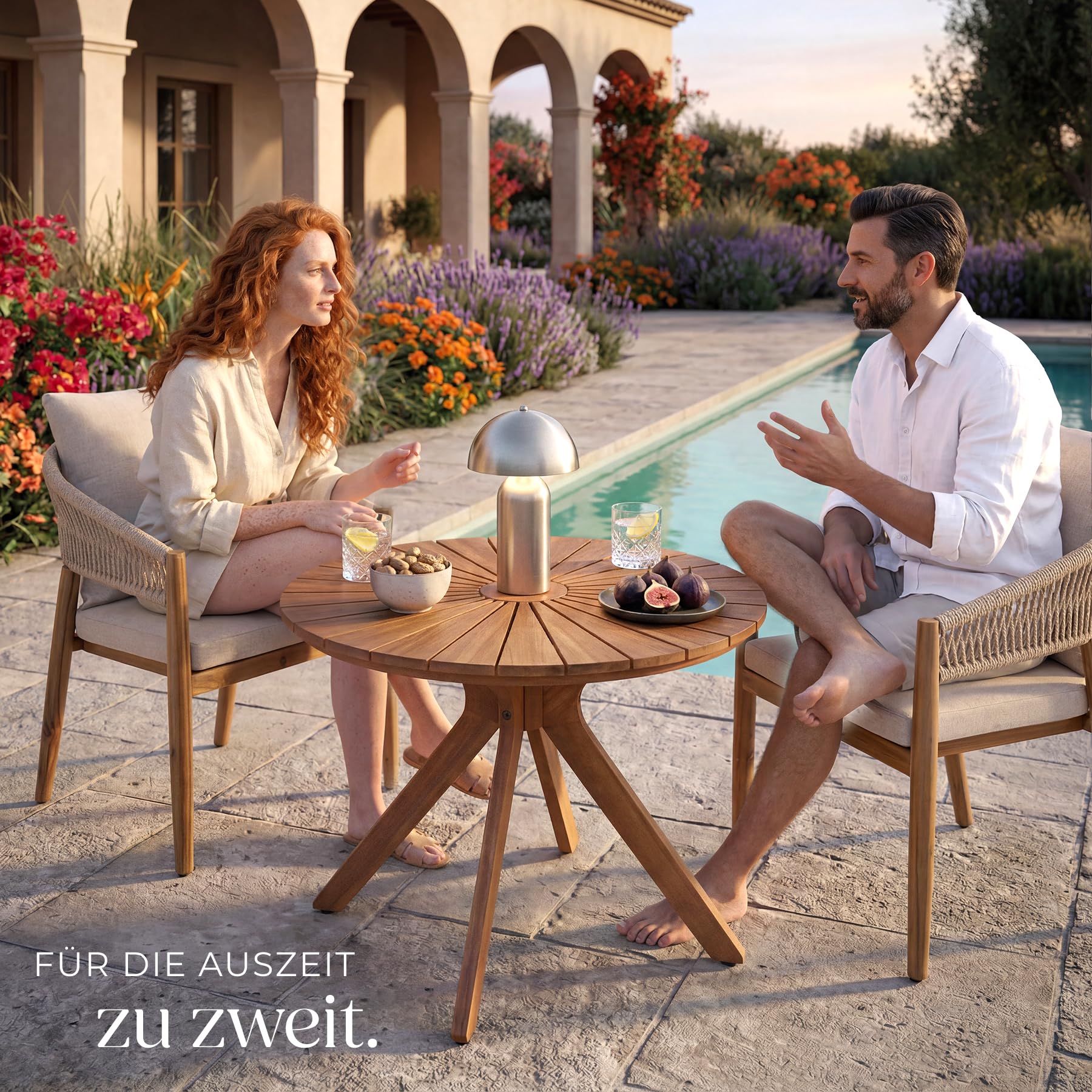 tectake® Massivholz Gartentisch, 70 x 70 x 62 cm, rund, wetterfest, X-Gestell, höhenverstellbar, Gartenmöbel, Akazienholz Gartentische, Outdoor Tisch, Gartentisch, Tischplatte mit Sonnenmuster