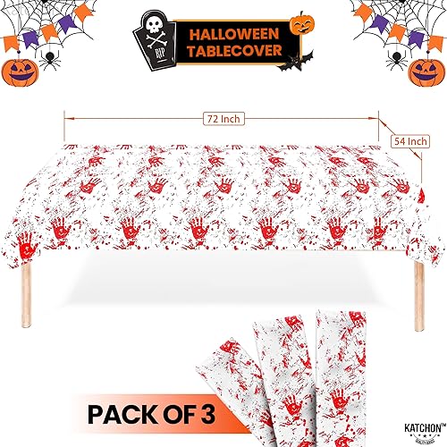 Miniatura 2 de KatchOn, Bloody Cloth - Paquete de 3 manteles grandes de 54 x 72 pulgadas, mantel de plástico, mantel de huellas de manos sangrientas rojo zombi