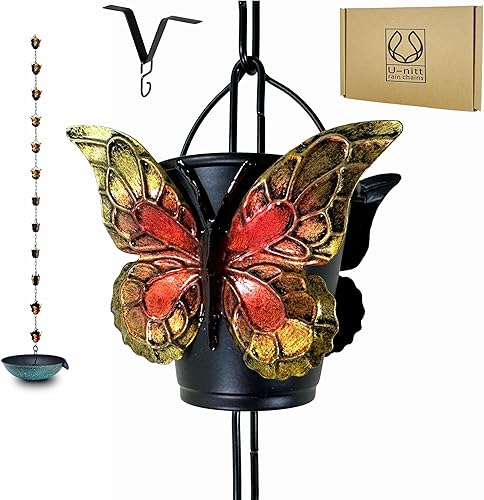 Cadena de Lluvia para Canalones, Atrapador y Desviador de Agua de Lluvia, Cadenas de 8.5 Pies para Jardín Exterior, Tazas de Cubo Mariposa, Bajante