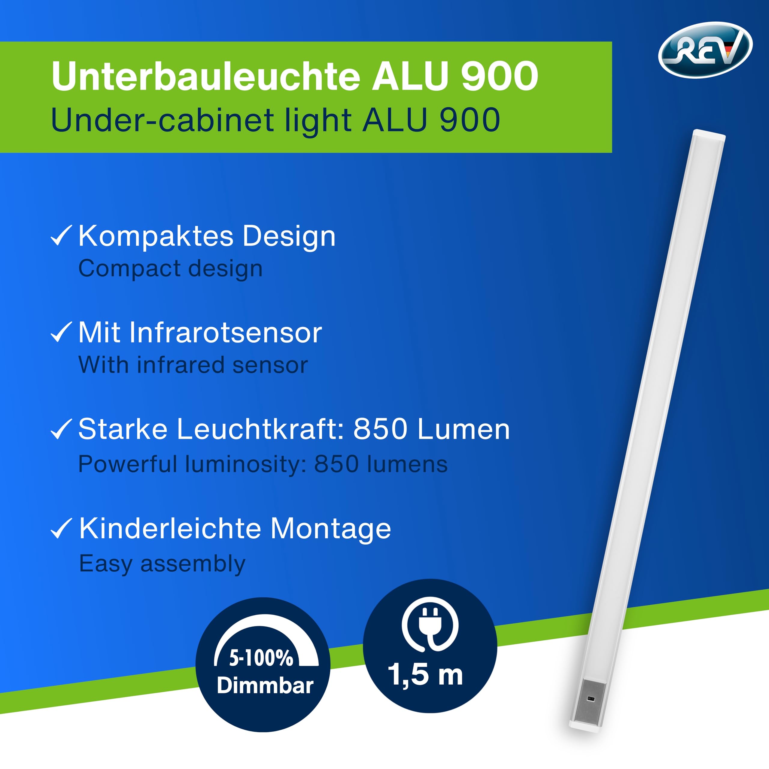 REV Lámpara de cocina LED para armario de cocina, 90 cm, 10 W, 850 lúmenes, 3000 K, iluminación de cocina plana con sensor, fácil montaje, color plateado