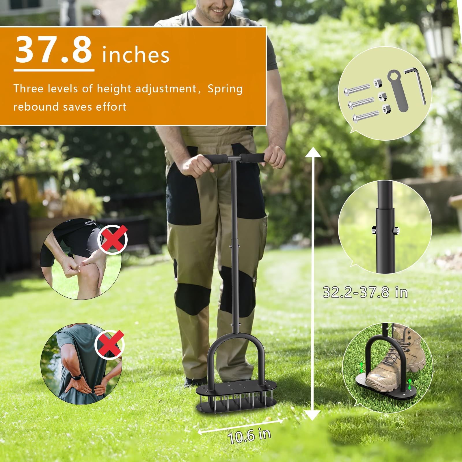 seasky Aérateur de pelouse automatique pour nettoyer la saleté et les feuilles, 15 pointes en fer pré-assemblées, outils d'aération de pelouse pour cour, pelouse et jardin, aérateur de pelouse