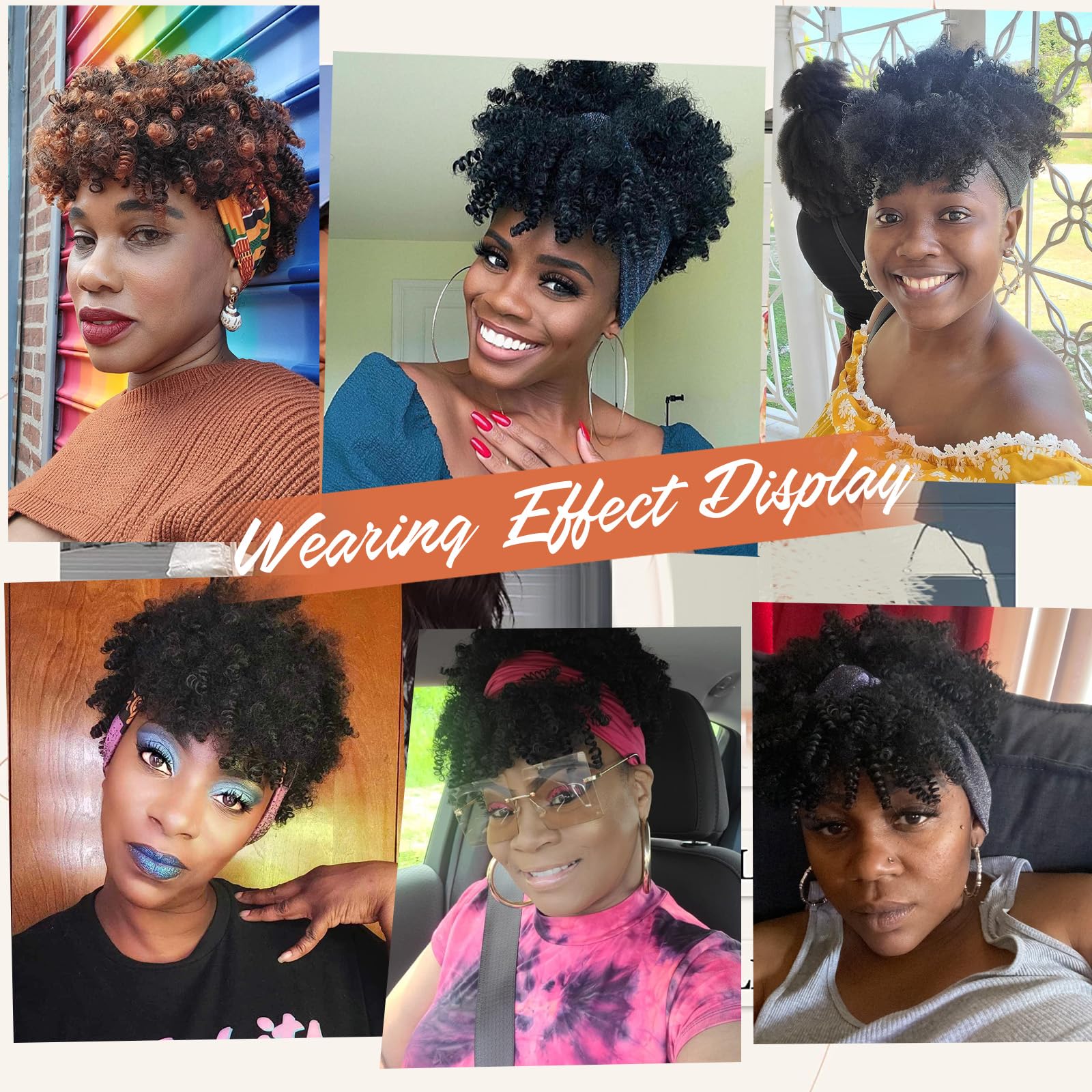 DEYNGS Kinky Curly Afro Puff Wig with Bangs Highlight Blonde Headband Wigs Afro Curly Headband Wig with Bangs Afro Wigs for Black Women Turban Wrap-Wigs 4inch Product Image 6