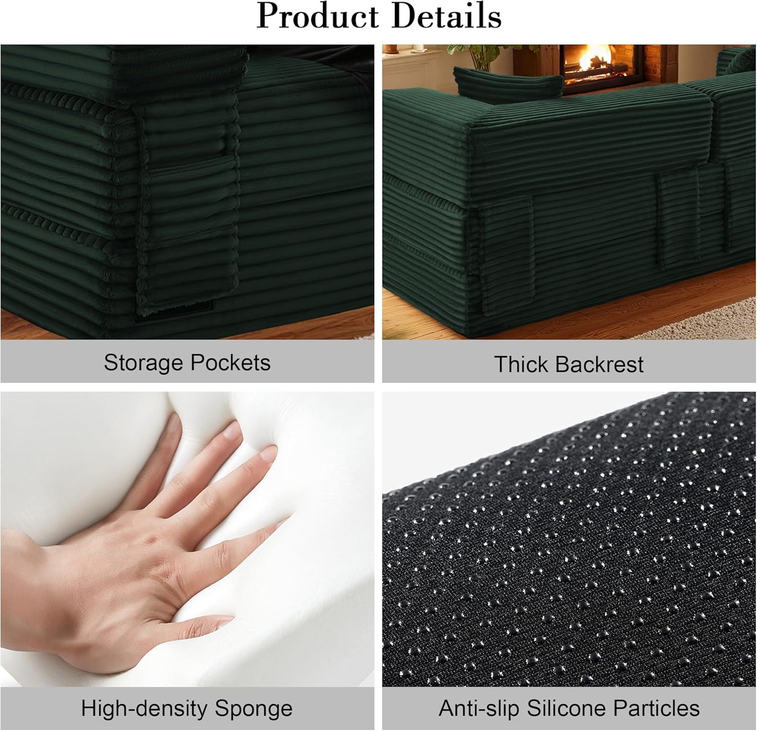 Sectional Boneless Couch Convertible Sofa Bed,78'' Modular Sectional Sleeper Sofa with Removable Armrests & 3 Pillows,Small Floor Couch No Assembly Needed for Living Room, Office, Bedroom,Dark Green