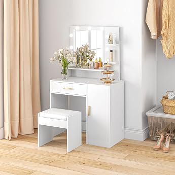 Homcom Makeup Vanity with Mirror LED Stool and Drawers White | Makeup Table, Adjustable Shelf, Open Shelves for Bedroom or Li