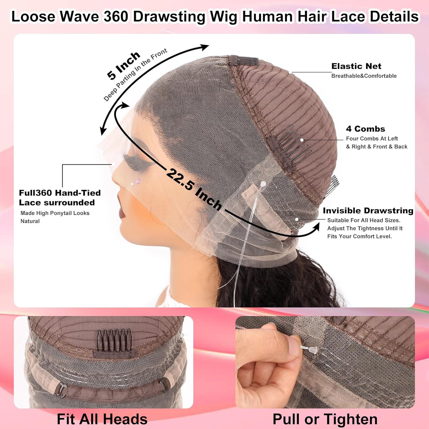 Hidden Strap 220 Density 360 Lace Front Wigs Human Hair Pre Plucked Loose Wave Wig Human Hair With Drawstring 15A 100% Real Human Hair, No Synthetic Blend Tangle & Shedding Free Triple Lifespan 3X