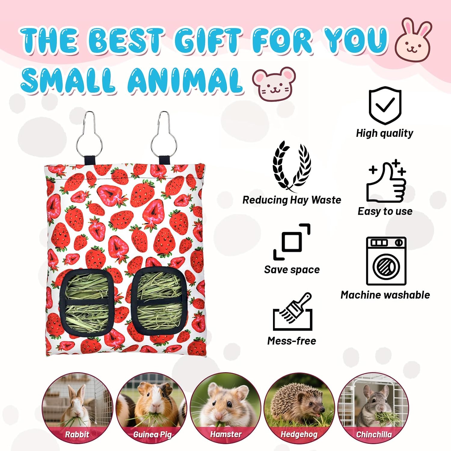 3 Pcs Rabbit Hay Feeder, 2-Hole Hanging Guinea Pig Hay Bags Washable Bunny Hay Bag for Rabbits, Chinchillas, Hamsters, Small Pets and Animals (11.8"×8.7") image 4