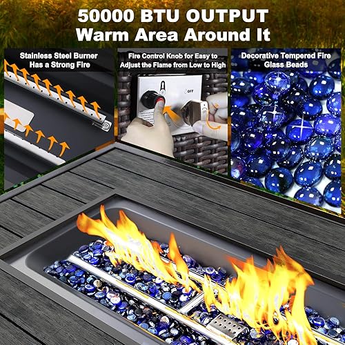 Miniatura 5 de NOBLEMOOD Mesa de fuego de propano para exteriores de 48 pulgadas con base de piedra de repisa sintética, mesa de fuego de gas de 50,000 BTU con