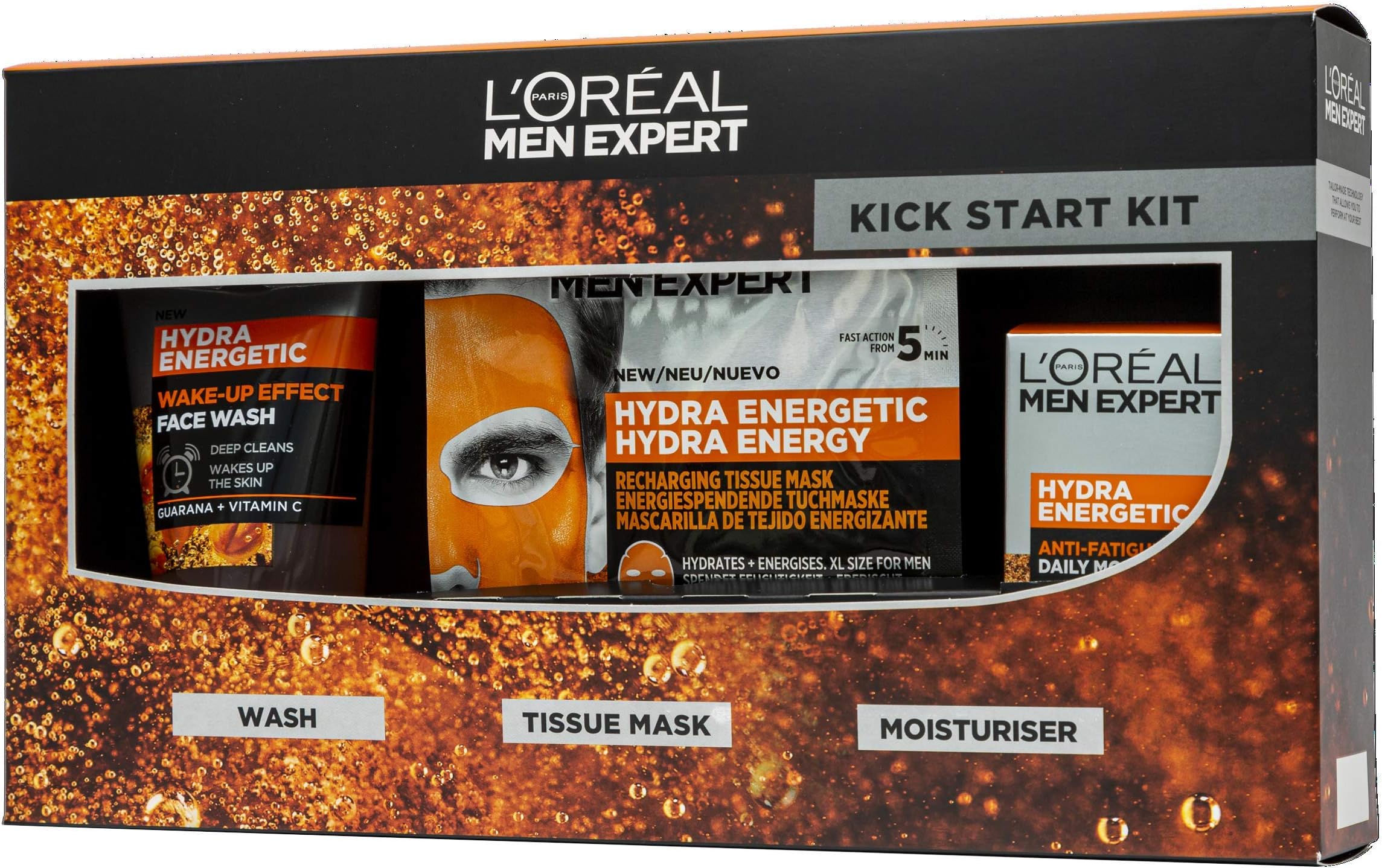 L'Oreal Men Expert Kick Start Hydra Energetc Gift Set: Wash, Tissue Face Mask & Moisturiser