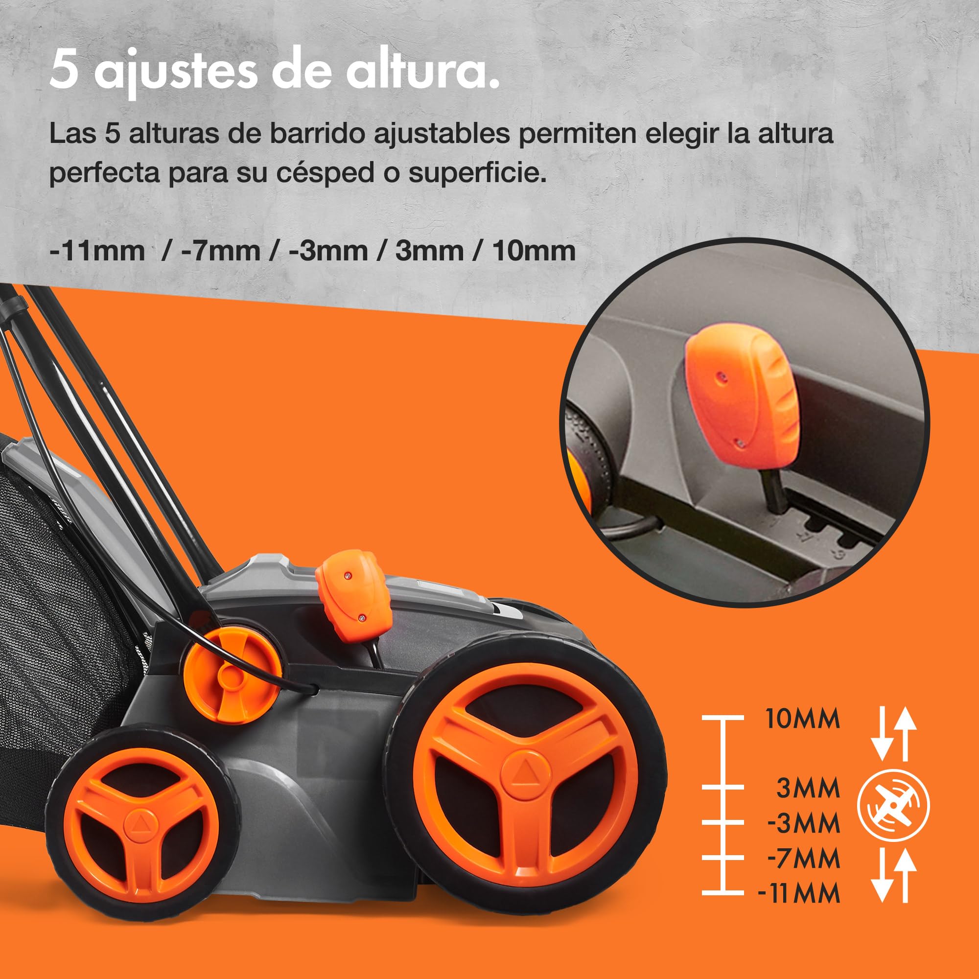 VonHaus Cepillo para Césped Artificial - Peinadora Barredora de Césped Artificial con Bolsa de Recogida, 5 Alturas Ajustables, 330-380 mm de Ancho de Trabajo y Asa Plegable (1800 W)