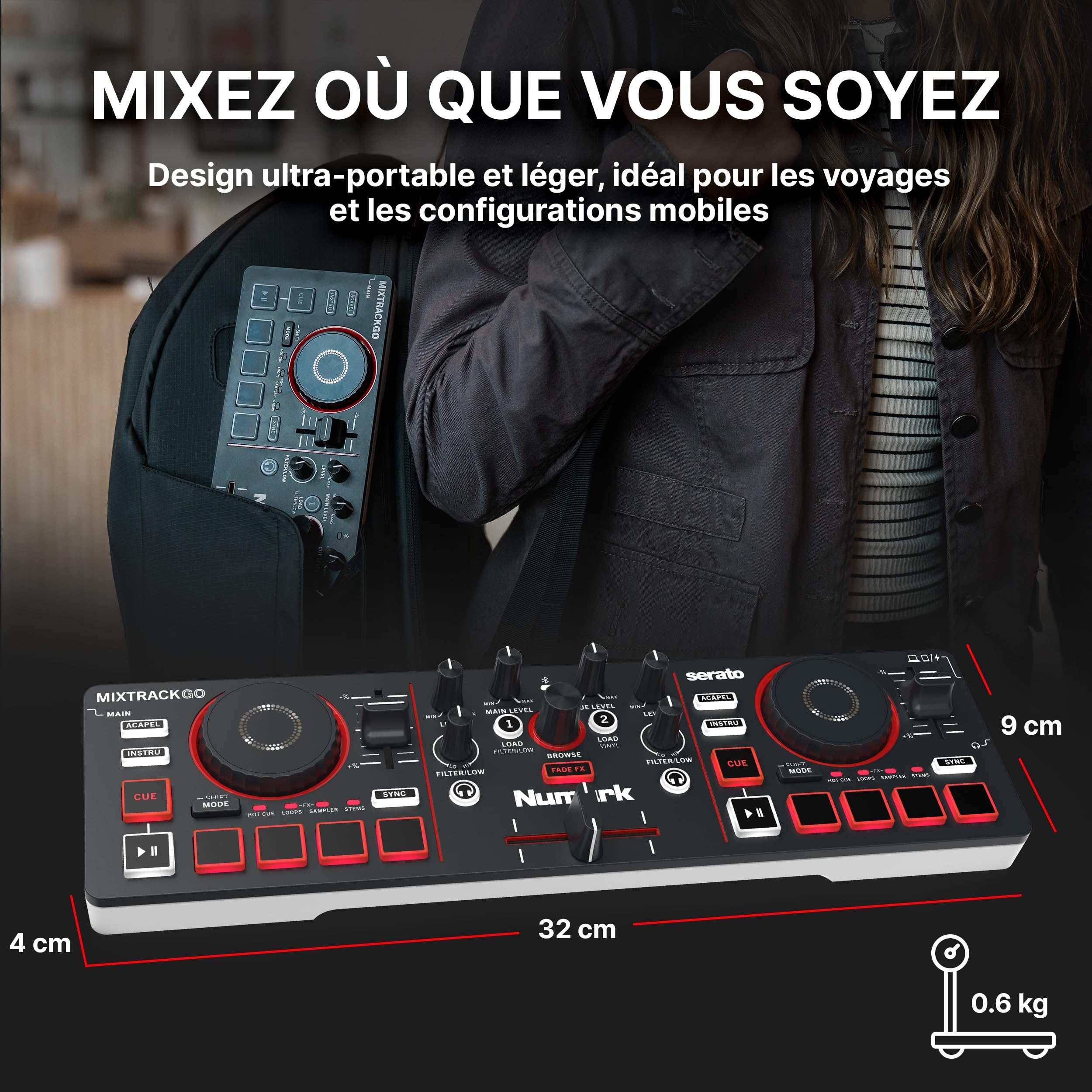 Numark MixTrack Go Controleur DJ Bluetooth Compact avec Stems