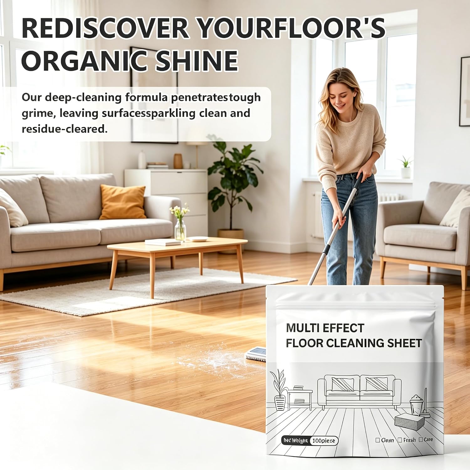 100 Piece Multi-Surface Floor Cleaning Tablets, Concentrated Pre-Measured Deep Cleaner for Hardwood, Tile, Laminate, Vinyl, Kitchen Bathroom, Multiple Effect Dissolvable Tablets for Mop Bucket