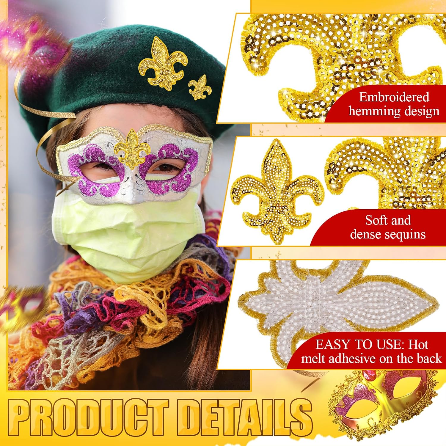 Daifunli 24 Pcs Sequin Iron on Patches, 4 Sizes Fleur, Classic, Gold