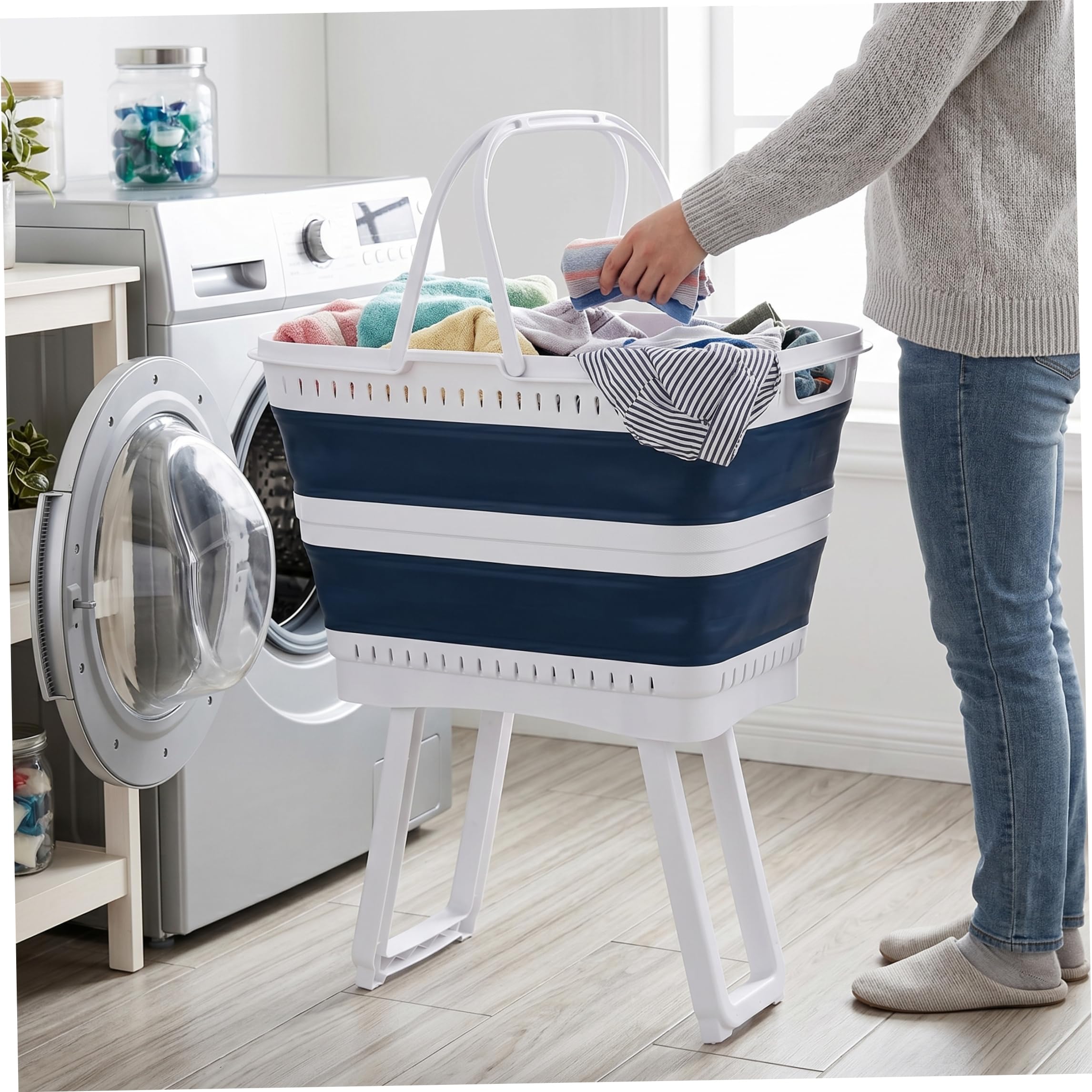 Cesto portabiancheria pieghevole in plastica con gambe, cesto pieghevole di capacità da 26 litri con manici per bagno, camera da letto, cucina, sala giochi, dormitorio, blu scuro.