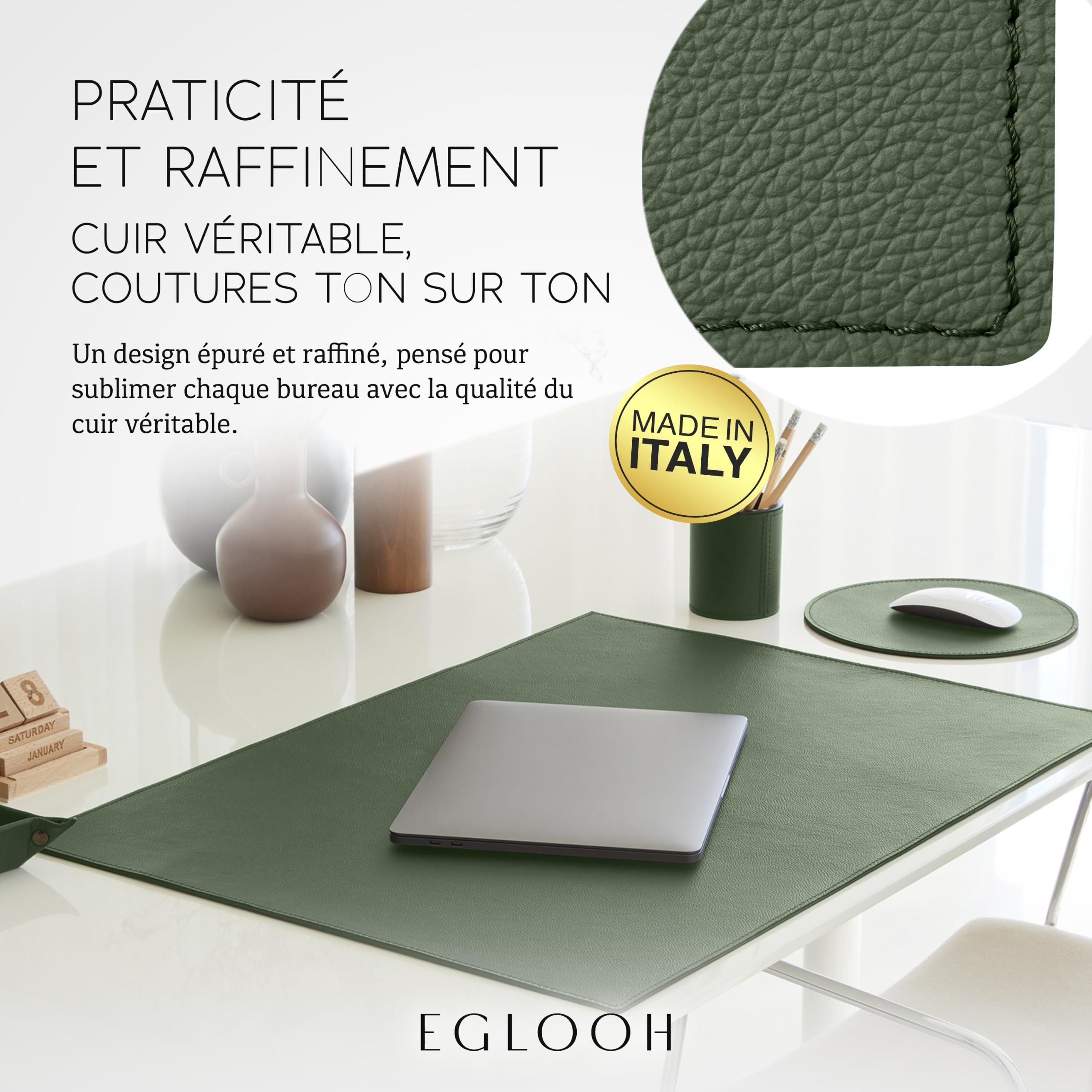 Eglooh - Palladio - Sous main bureau cuir véritable Angles Carrés - Tapis de bureau XXL, Grand tapis de souris antidérapant - Set bureau Fabriqué en Italie
