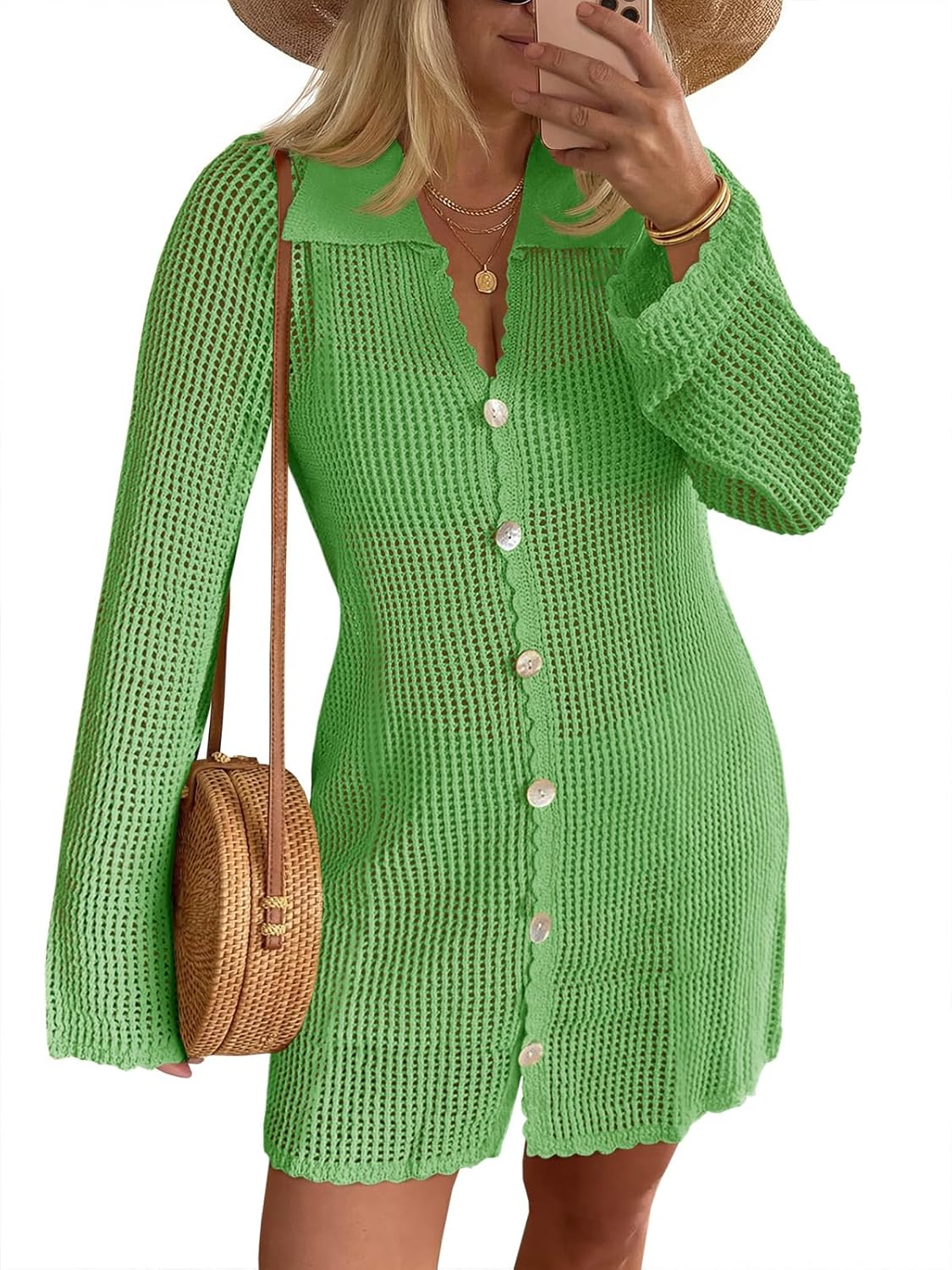 Saodimallsu Womens Crochet Swimsuit Coverup Button Down Long Sleeve Cardigan Mini Dress Beach Cover Ups Vacation Outfits