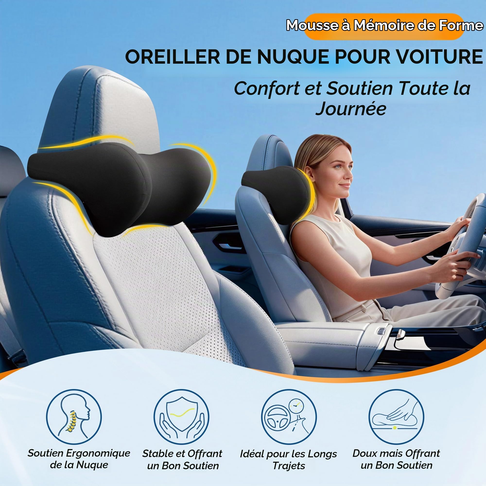 Lot de 2 coussins de nuque pour voiture : oreiller ergonomique en mousse à mémoire de forme pour appuie-tête de voiture, coussin de soutien du cou pour les longs trajets, coussin de soutien pour