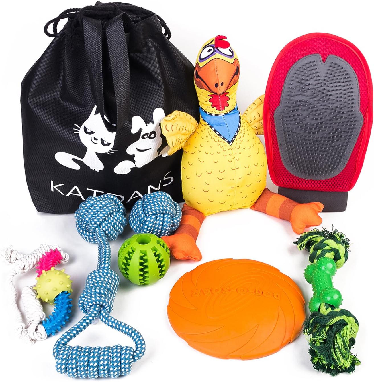 KATDANS Pet Toy Set 8 Pack Including Dog Rope Toys, Dog Frisbee, Squeaky Stuffed Dog Toy, Dog Ball, Interactive Dog Chew Toy, Pet Deshedding Brush Glove, Storage Pouch for Small Medium Large Breeds