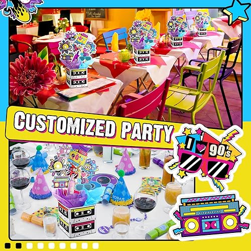 Miniatura 5 de Juego de 6 centros de mesa de fiesta de los años 90, incluye cinta de casete, cubo, centros de mesa, decoración de cabina de fotos con decoración de