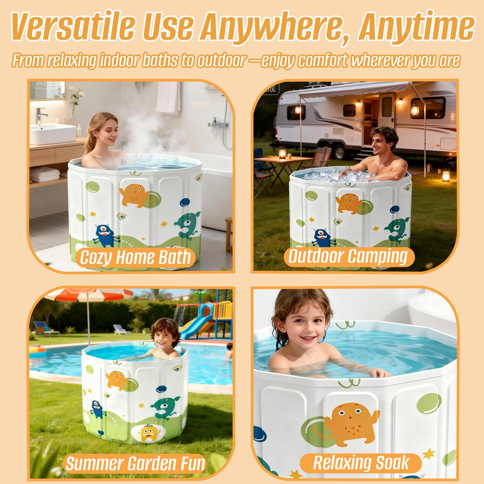 Baignoire pliable, avec sac de rangement et coussin d'eau gonflable, autoportante pour douche, bain chaud et bain de glace, évacuation de sol et latérale (40 x 55 x 55 cm pour enfants)