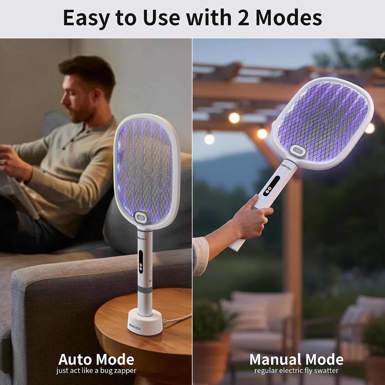 Electric Fly Swatter, 3800V Powerful Bug Zapper with 2 Modes Purple Attractant Light, USB Rechargeable Mosquito Racket for Indoor & Outdoor Pest Killer, White