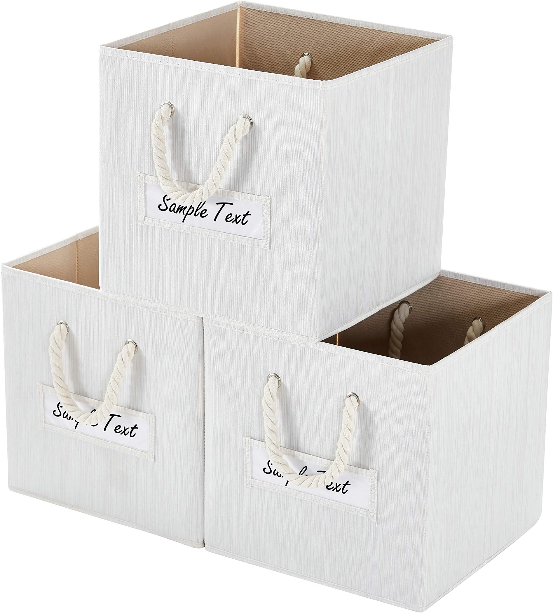 Onlycube Hadioo 3 Pack Foldable Bamboo Fabric Storage Bins for Cube Organizer with Cotton Rope Handles, Collapsible Basket Box Organizer for Shelves and Closet- Beige 13x13x13 inch